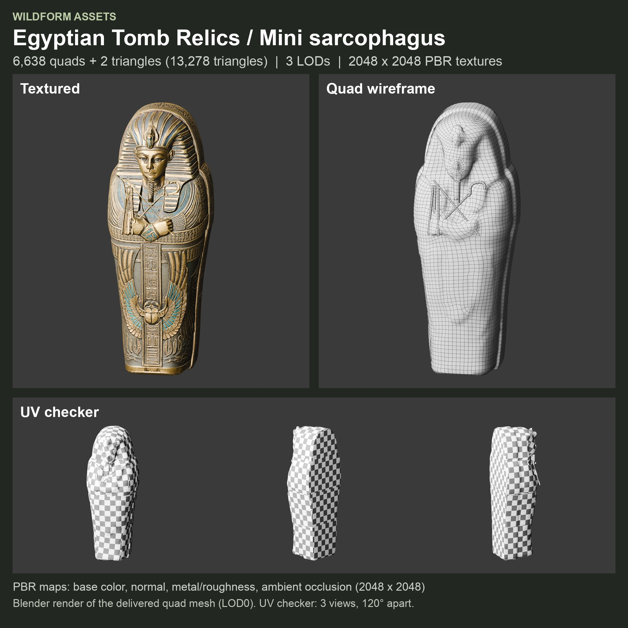 Mini sarcophagus: Model, wireframe and UVs