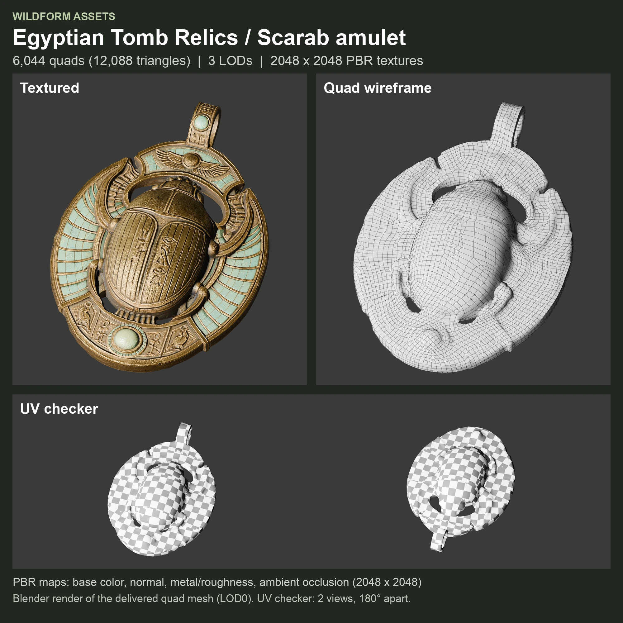 Scarab amulet: Model, wireframe and UVs