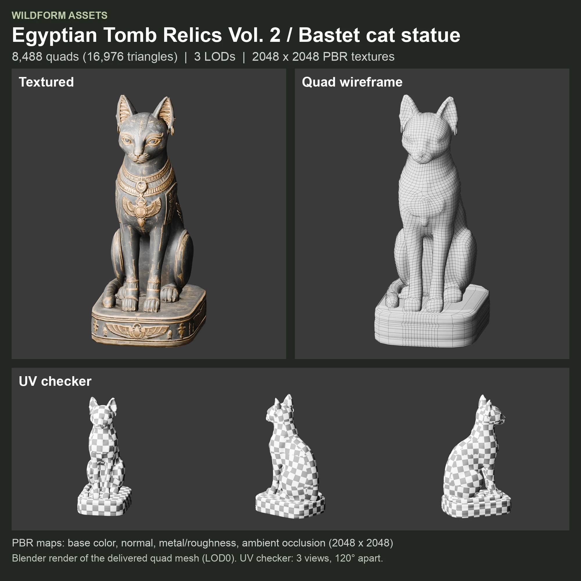 Bastet cat statue: Model, wireframe and UVs