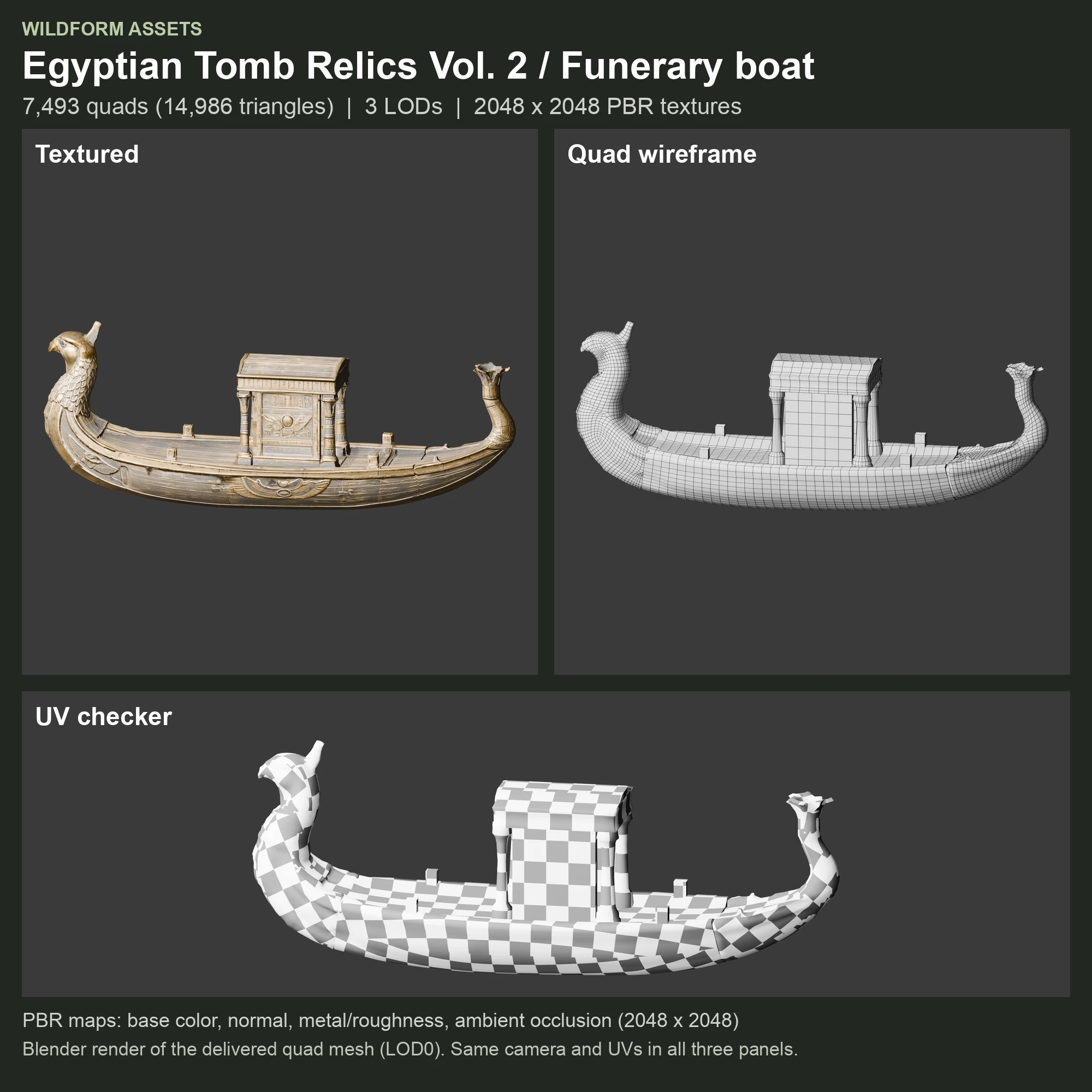Funerary boat: Model, wireframe and UVs