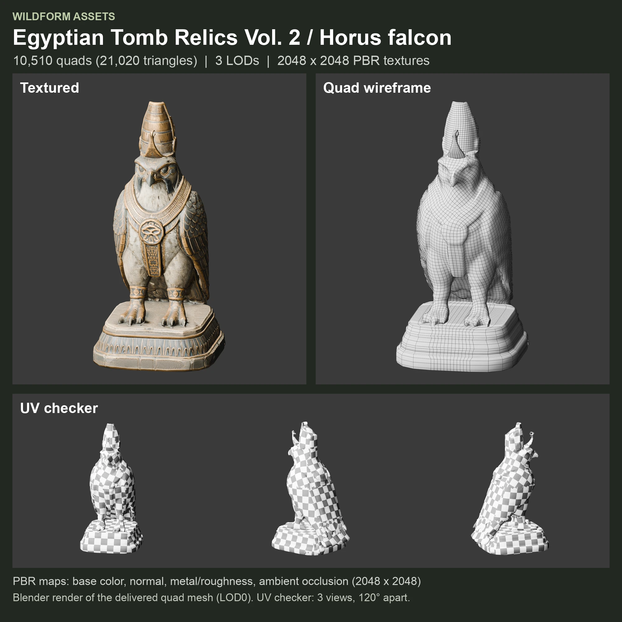 Horus falcon: Model, wireframe and UVs