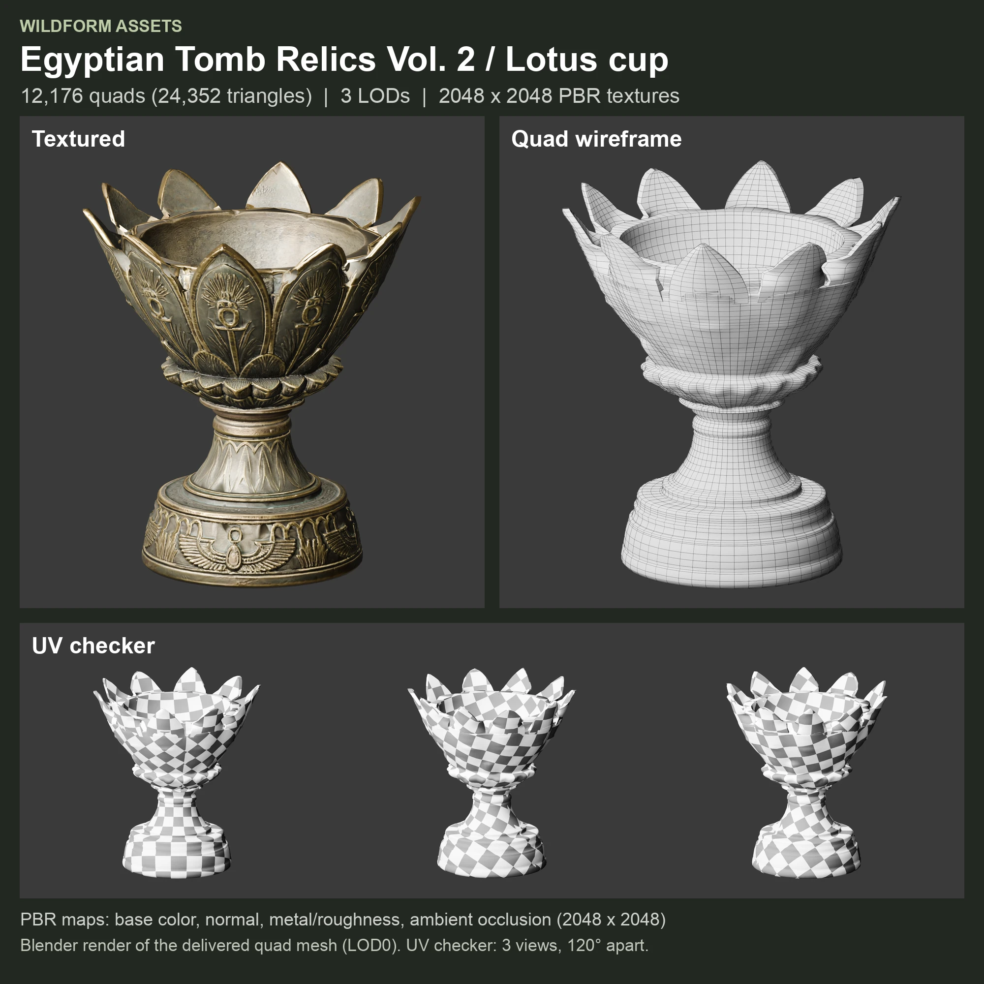 Lotus cup: Model, wireframe and UVs