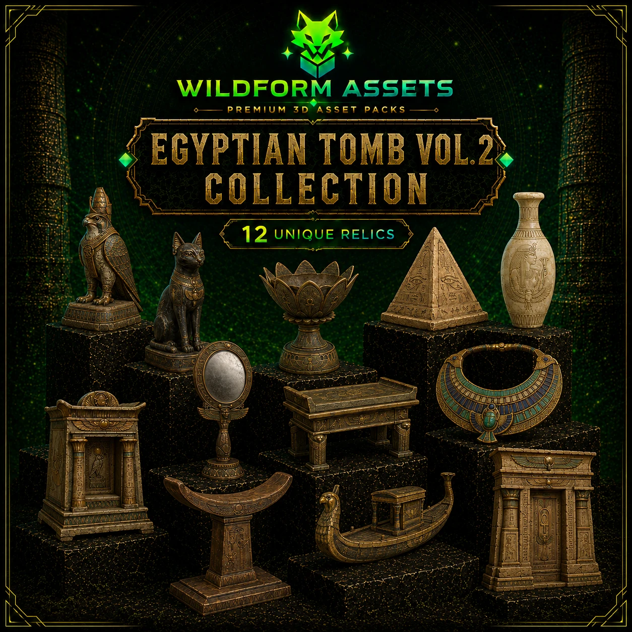 Vista previa de Egyptian Tomb Relics Vol. 2 de Wildform Assets con doce props del antiguo Egipto