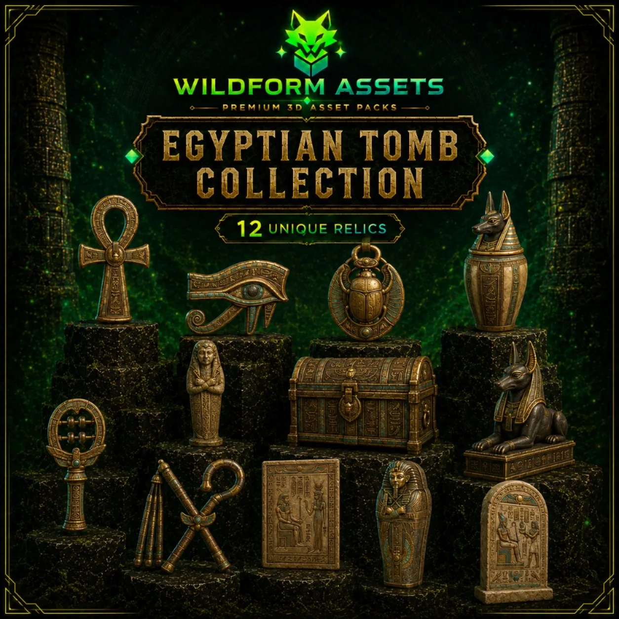Vista previa de Egyptian Tomb Relics de Wildform Assets con doce props del antiguo Egipto