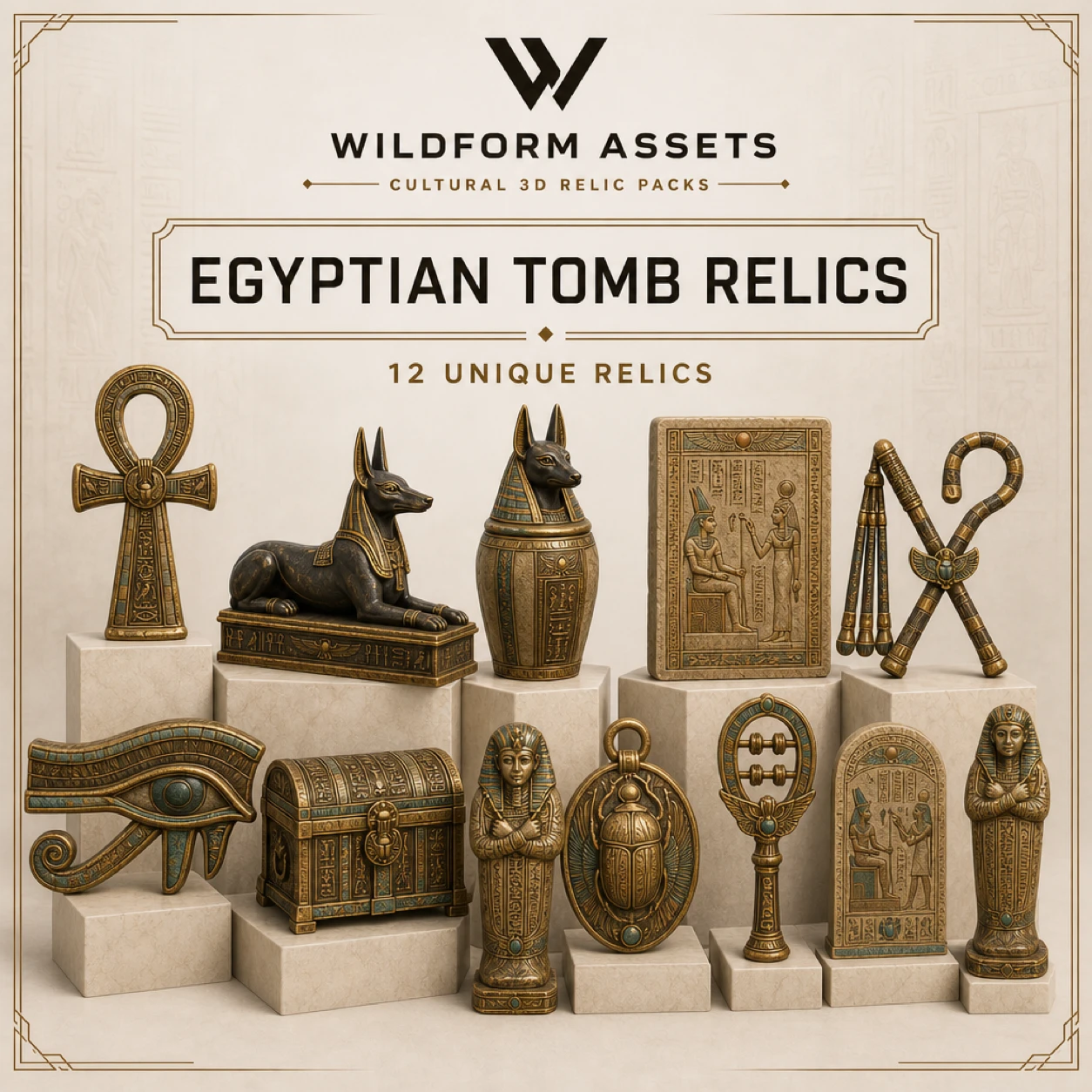 Wildform Assets Egyptian Tomb Relics preview with twelve ancient Egyptian props