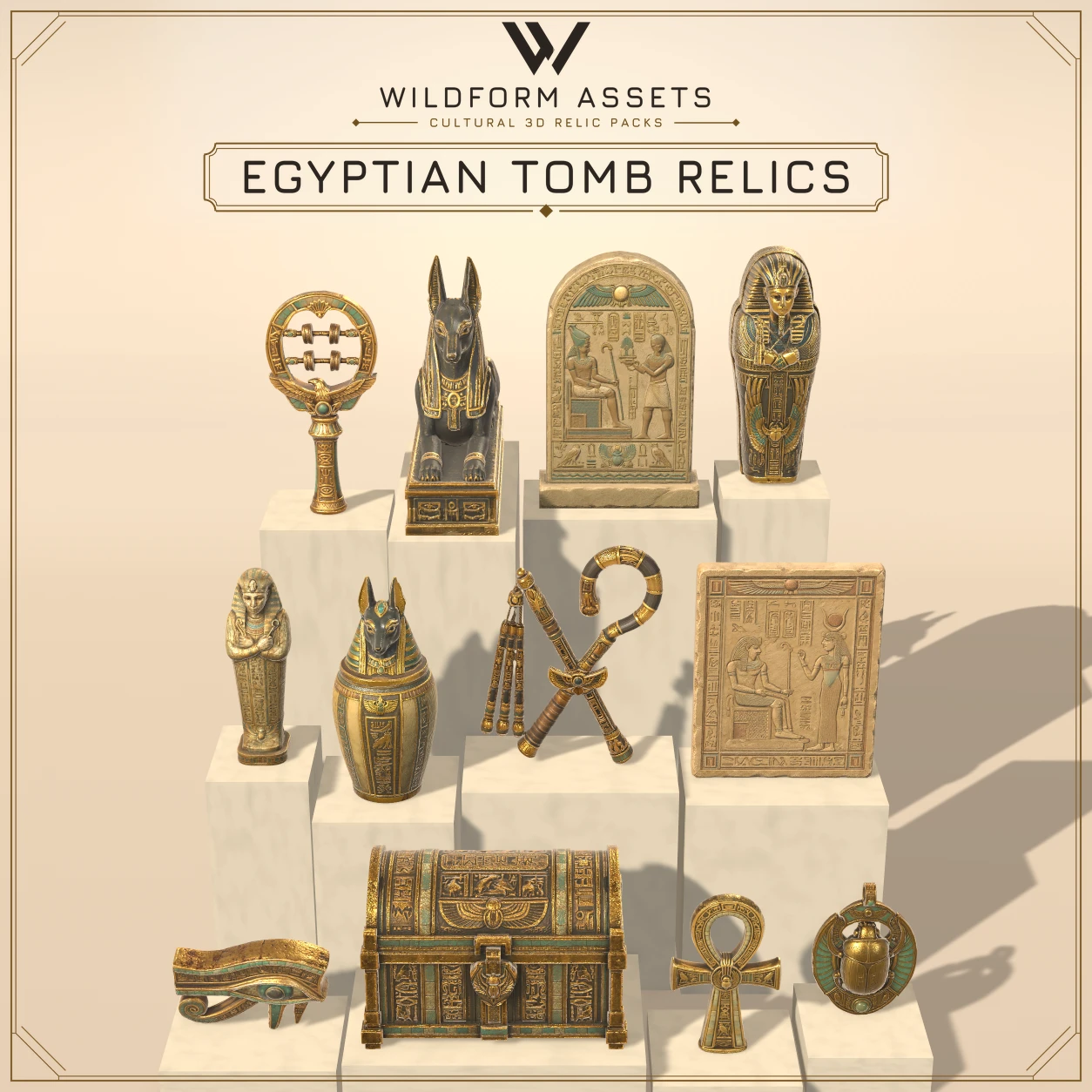 Wildform Assets Egyptian Tomb Relics preview with twelve ancient Egyptian props