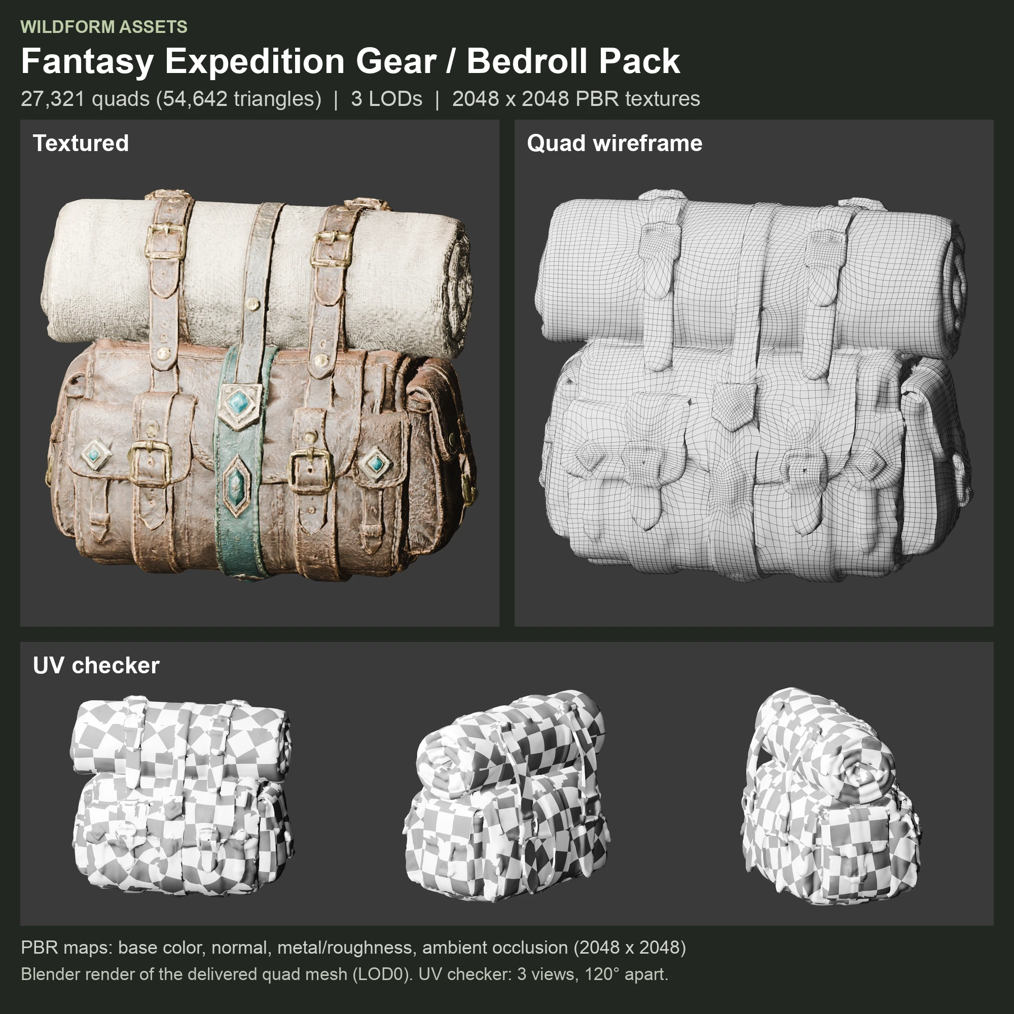 Bedroll Pack: Model, wireframe and UVs