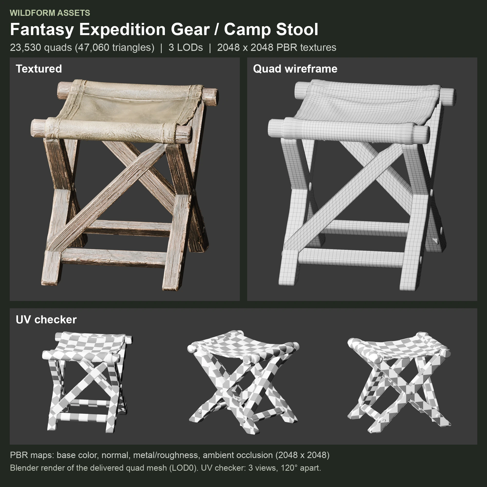 Camp Stool: Model, wireframe and UVs