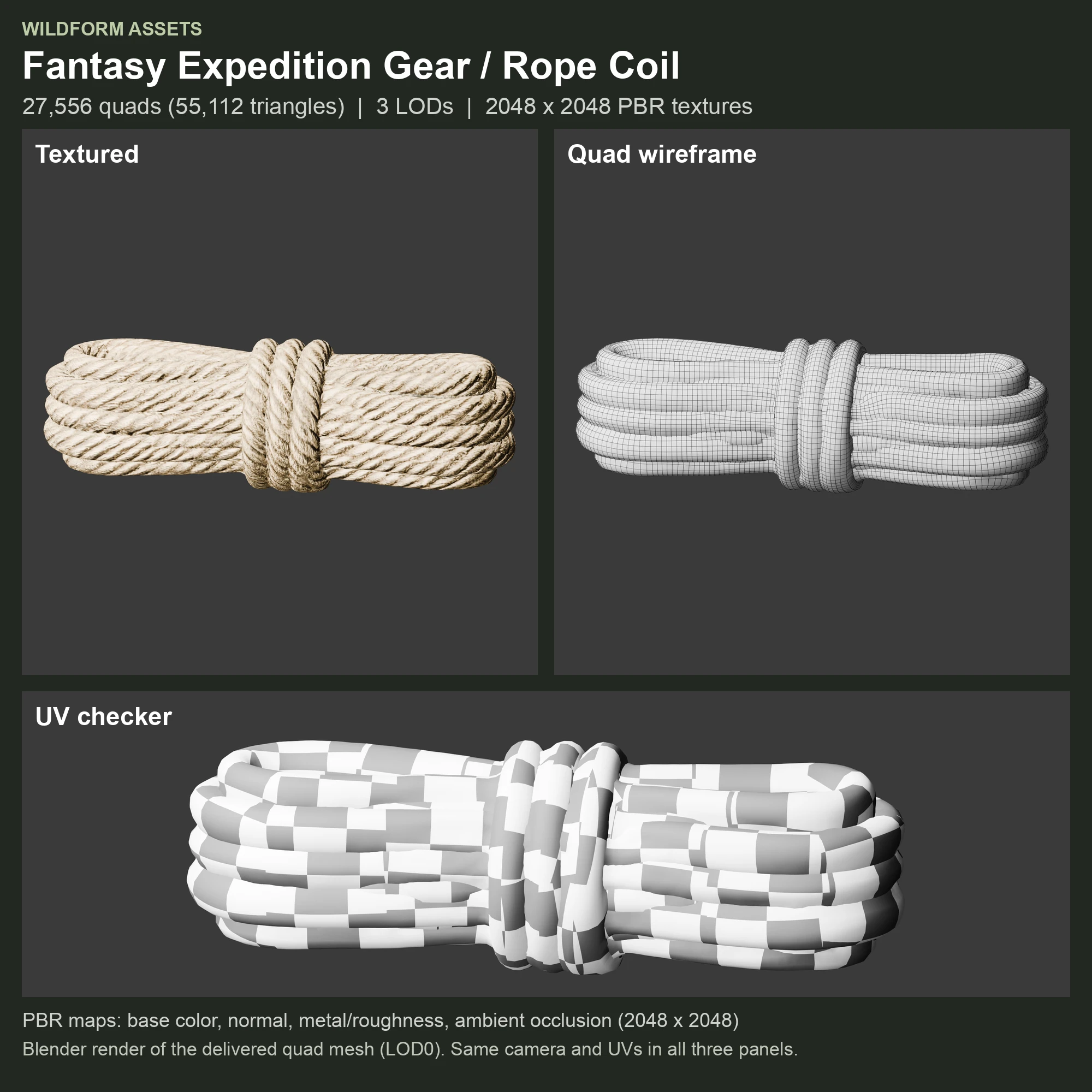 Rope Coil: Model, wireframe and UVs