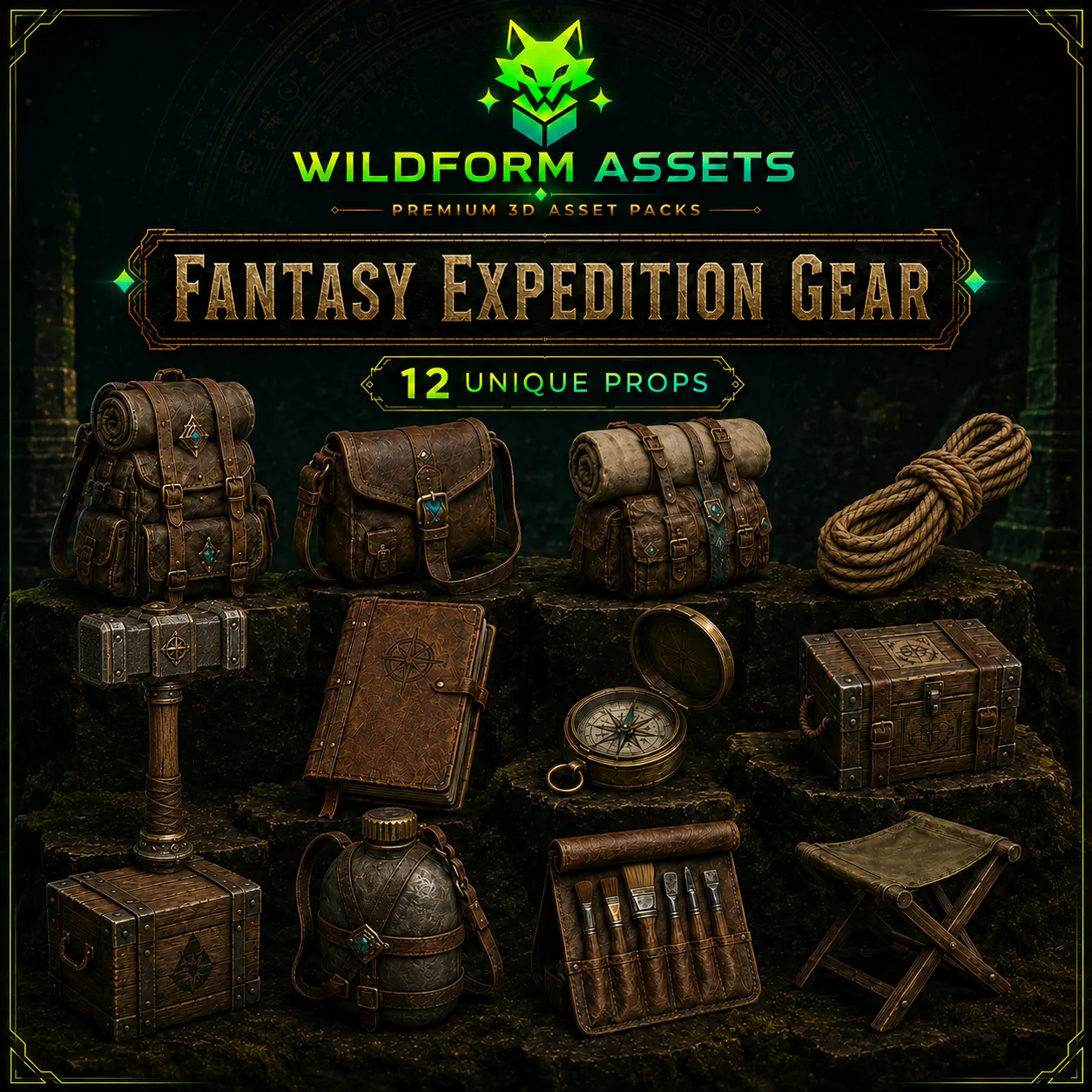 Aperçu de Fantasy Expedition Gear de Wildform Assets avec douze accessoires d'équipement d'aventure