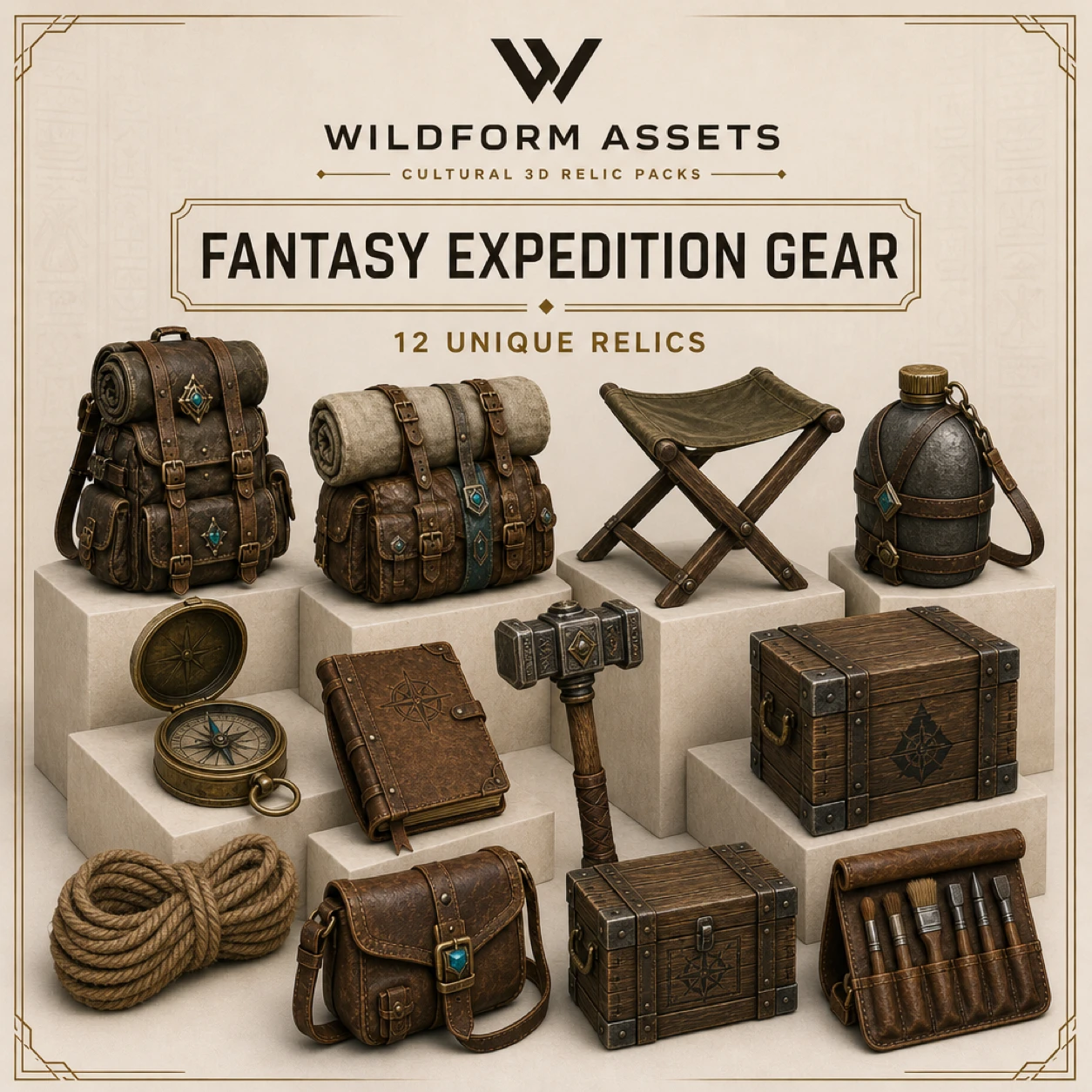 Wildform Assets Fantasy Expedition Gear preview with twelve adventure equipment props