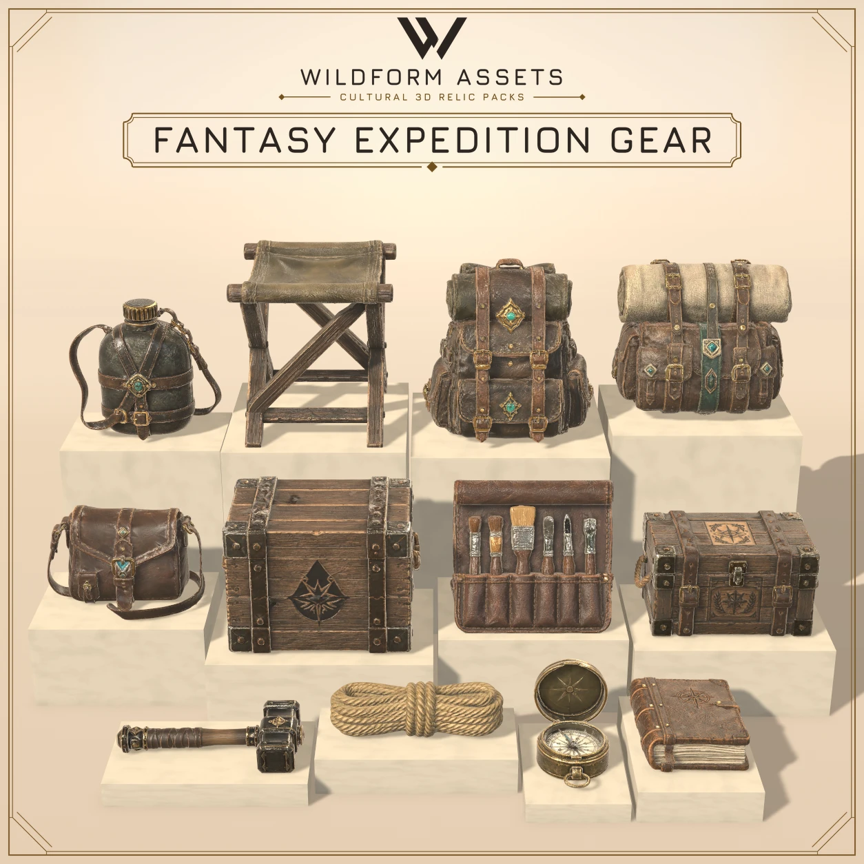 Wildform Assets Fantasy Expedition Gear preview with twelve adventure equipment props