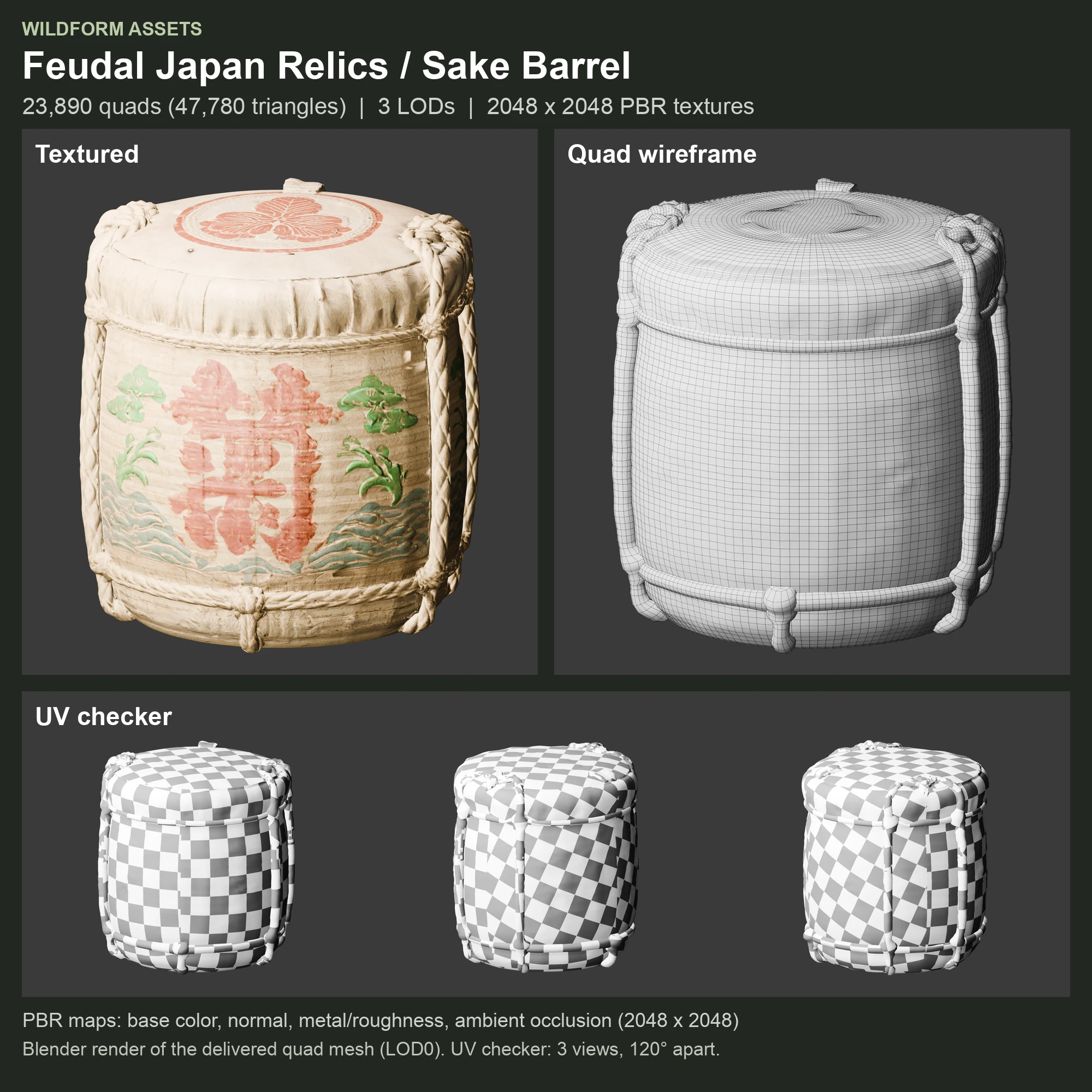 Sake Barrel: Model, wireframe and UVs