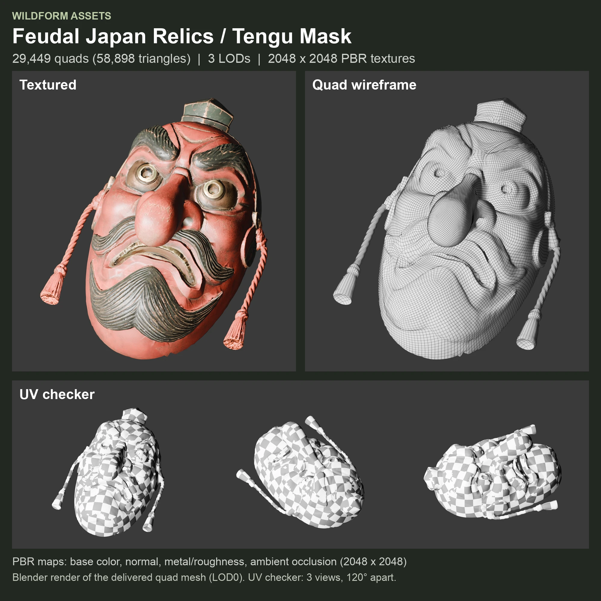 Tengu Mask: Model, wireframe and UVs