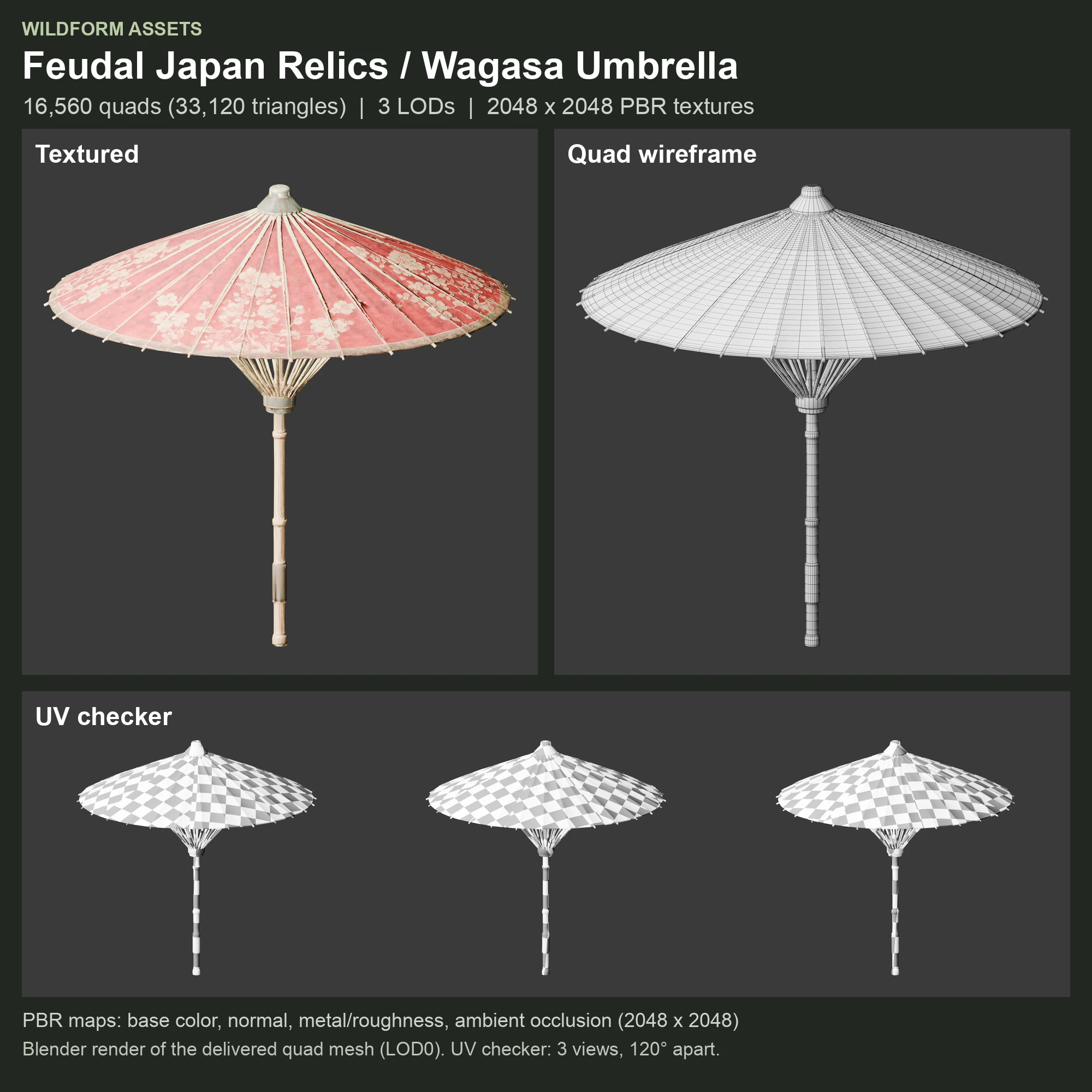 Wagasa Umbrella: Model, wireframe and UVs