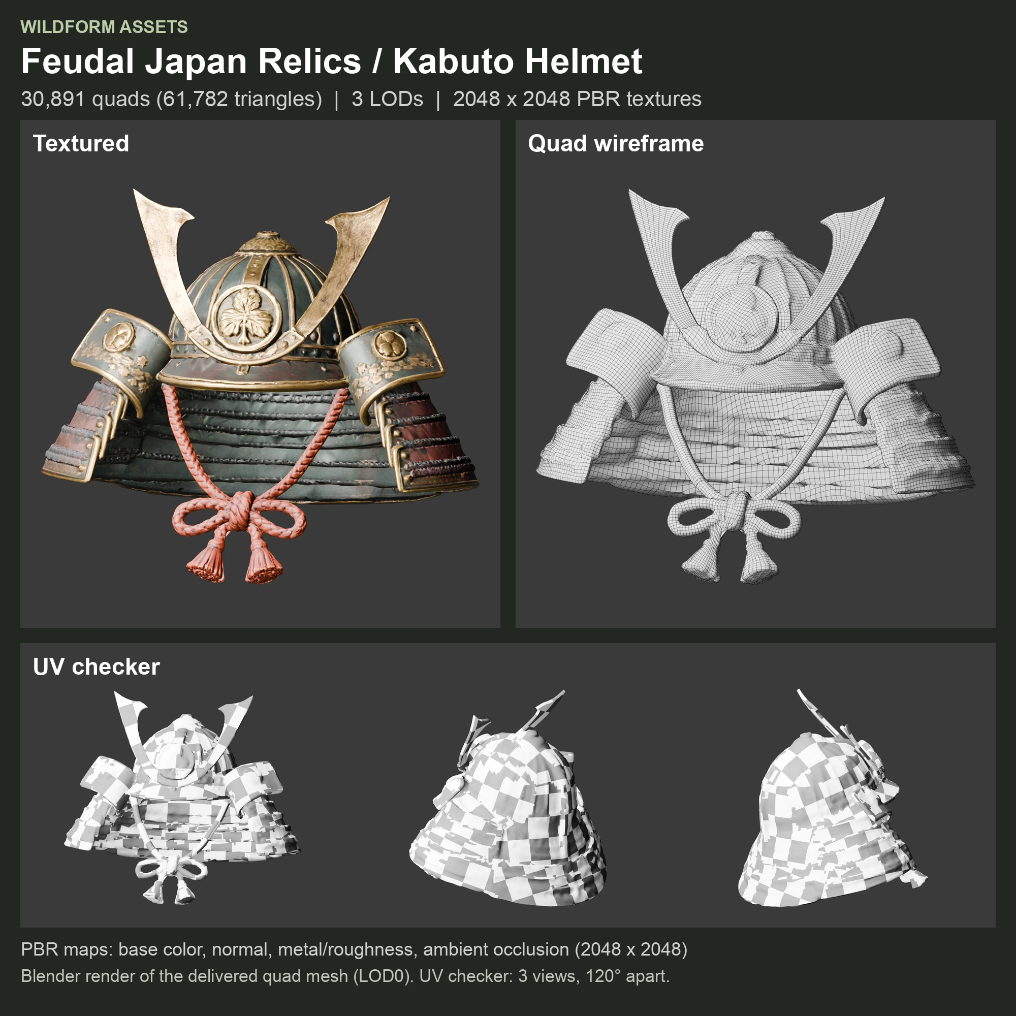 Kabuto Helmet: Model, wireframe and UVs