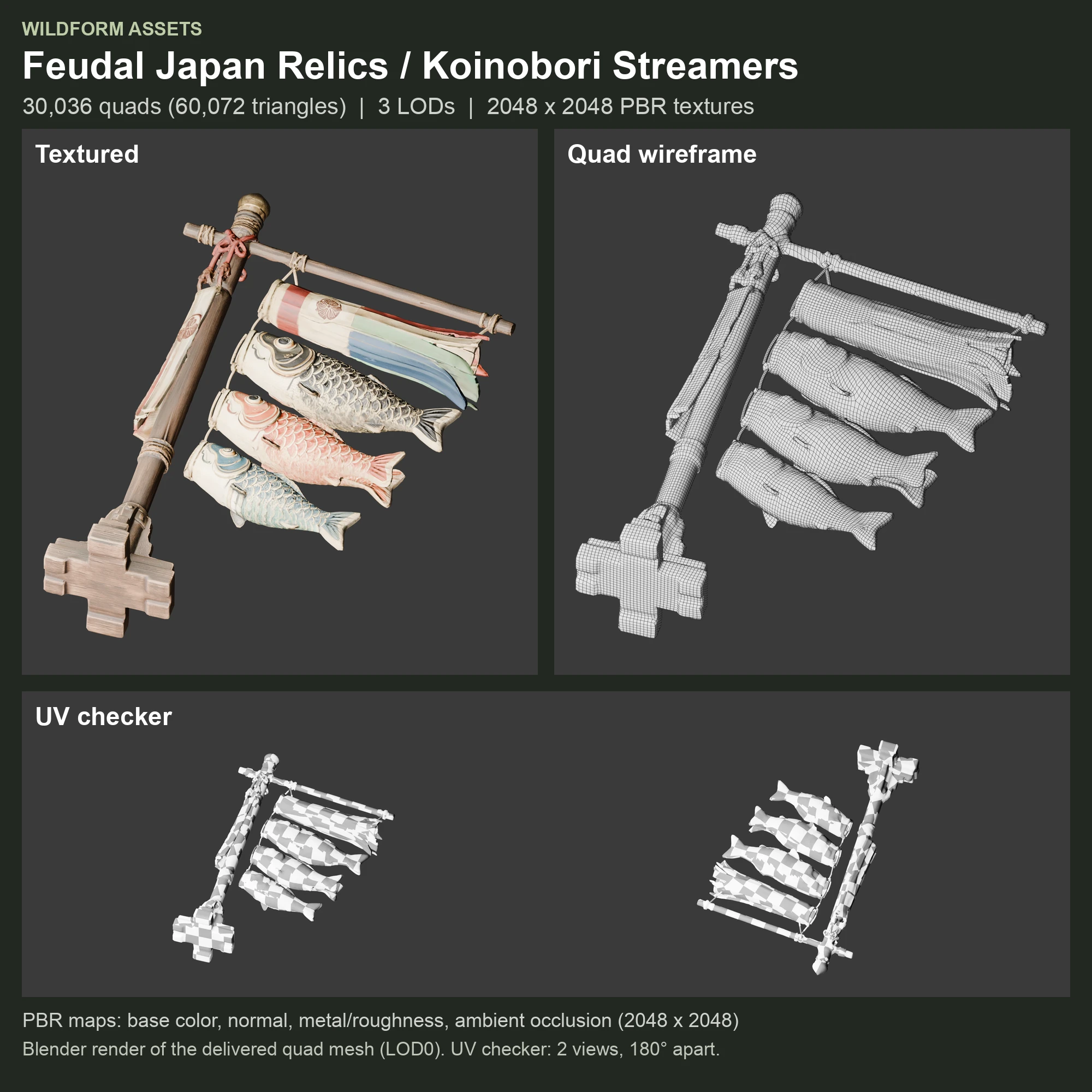 Koinobori Streamers: Model, wireframe and UVs