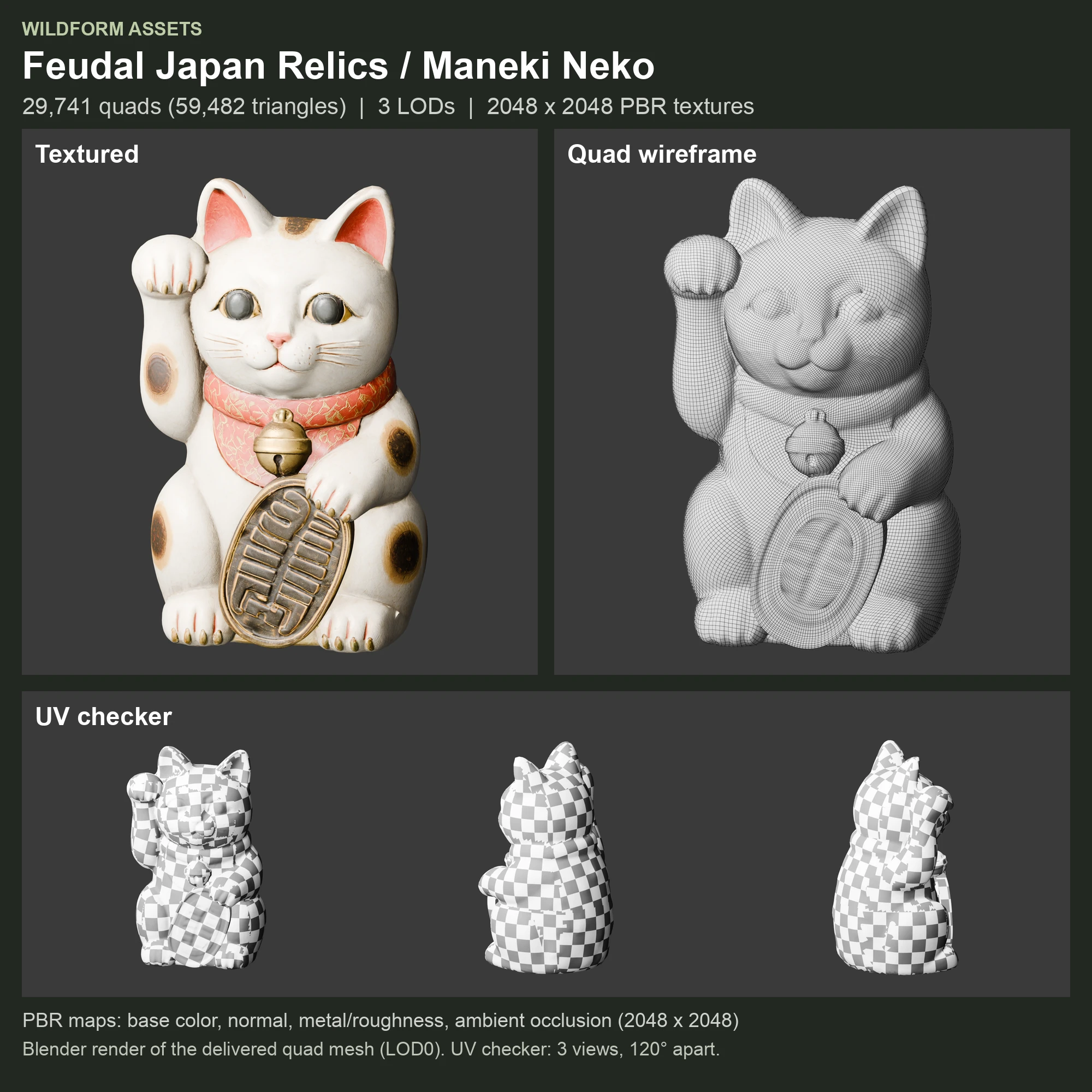Maneki Neko: Model, wireframe and UVs