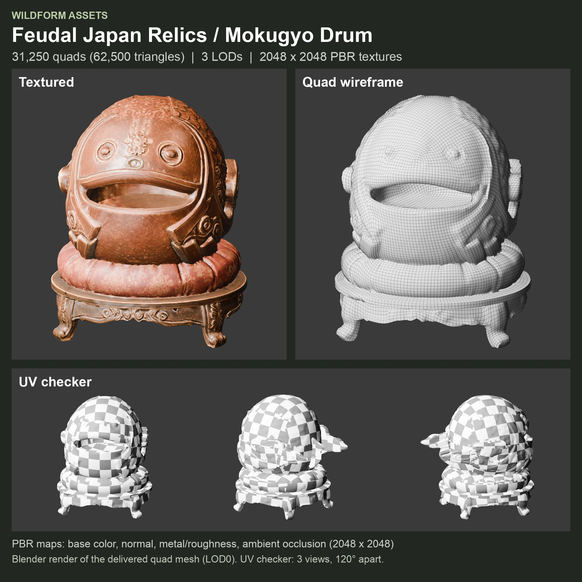 Mokugyo Drum: Model, wireframe and UVs