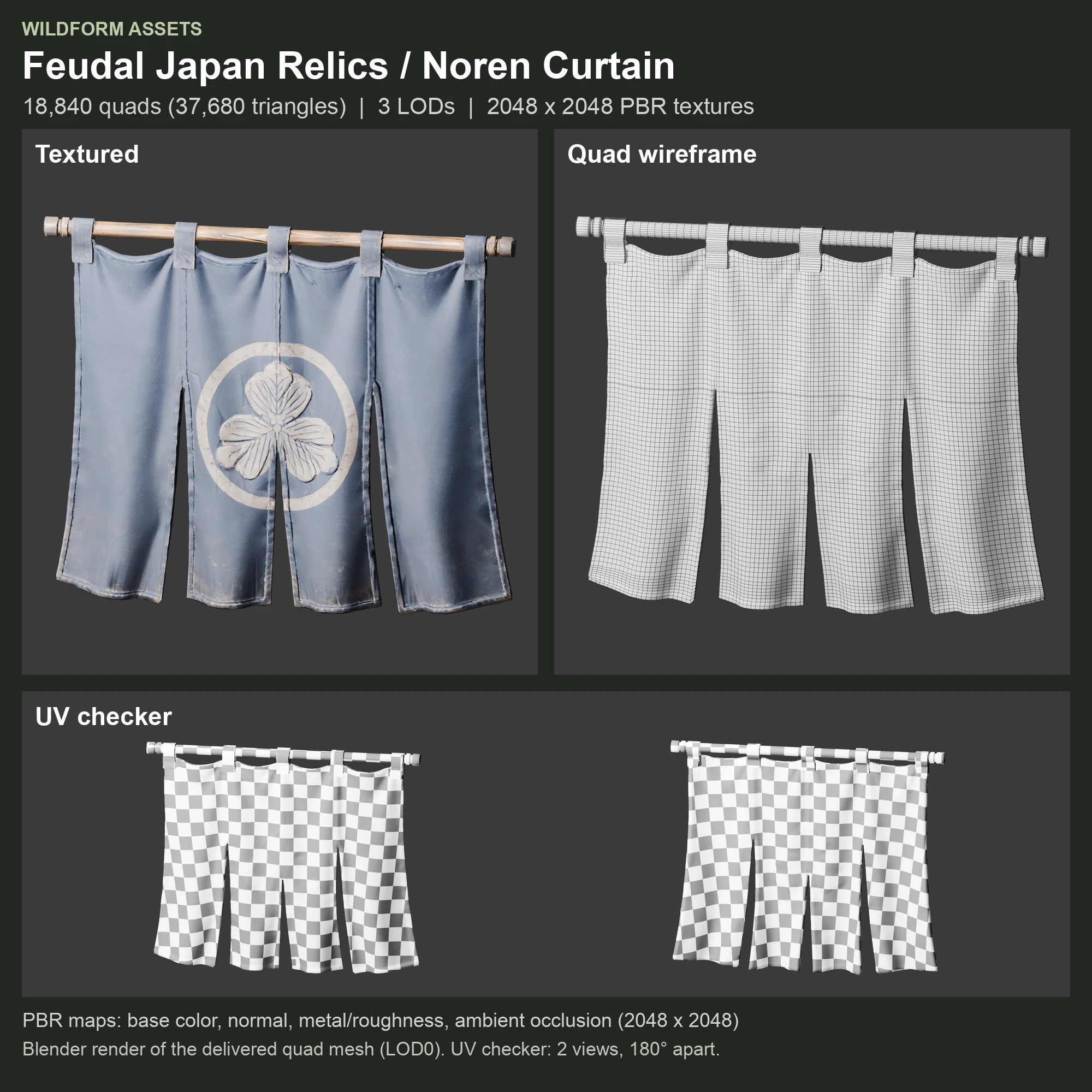 Noren Curtain: Model, wireframe and UVs
