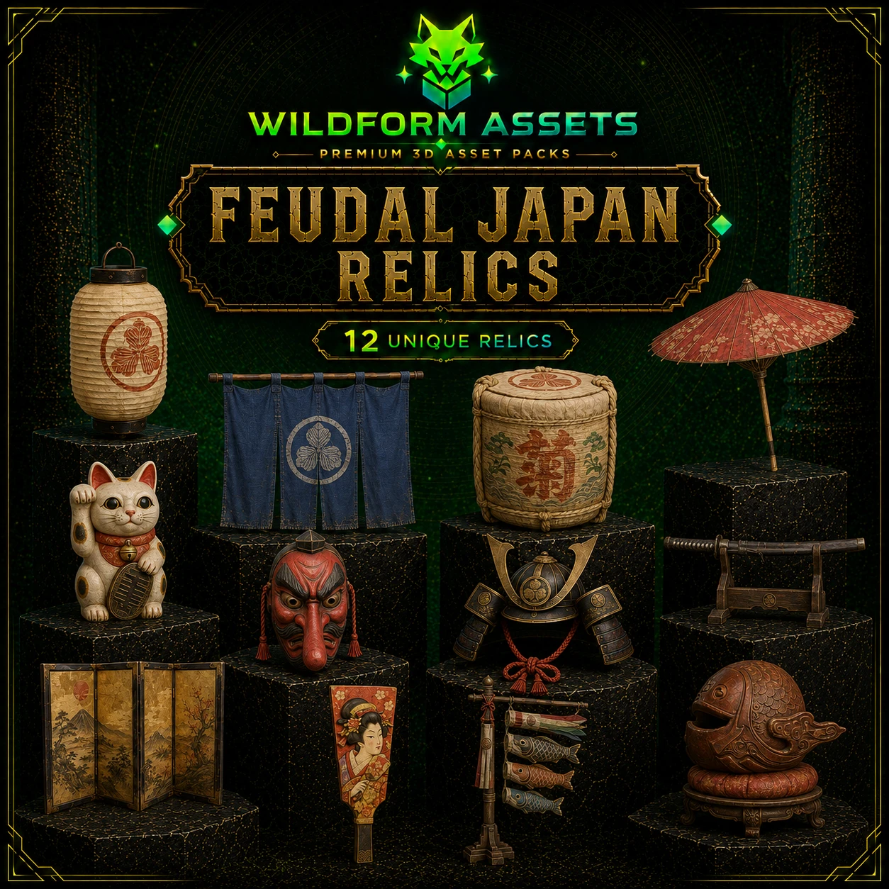 Wildform Assets Feudal Japan Relics preview with twelve feudal Japan props