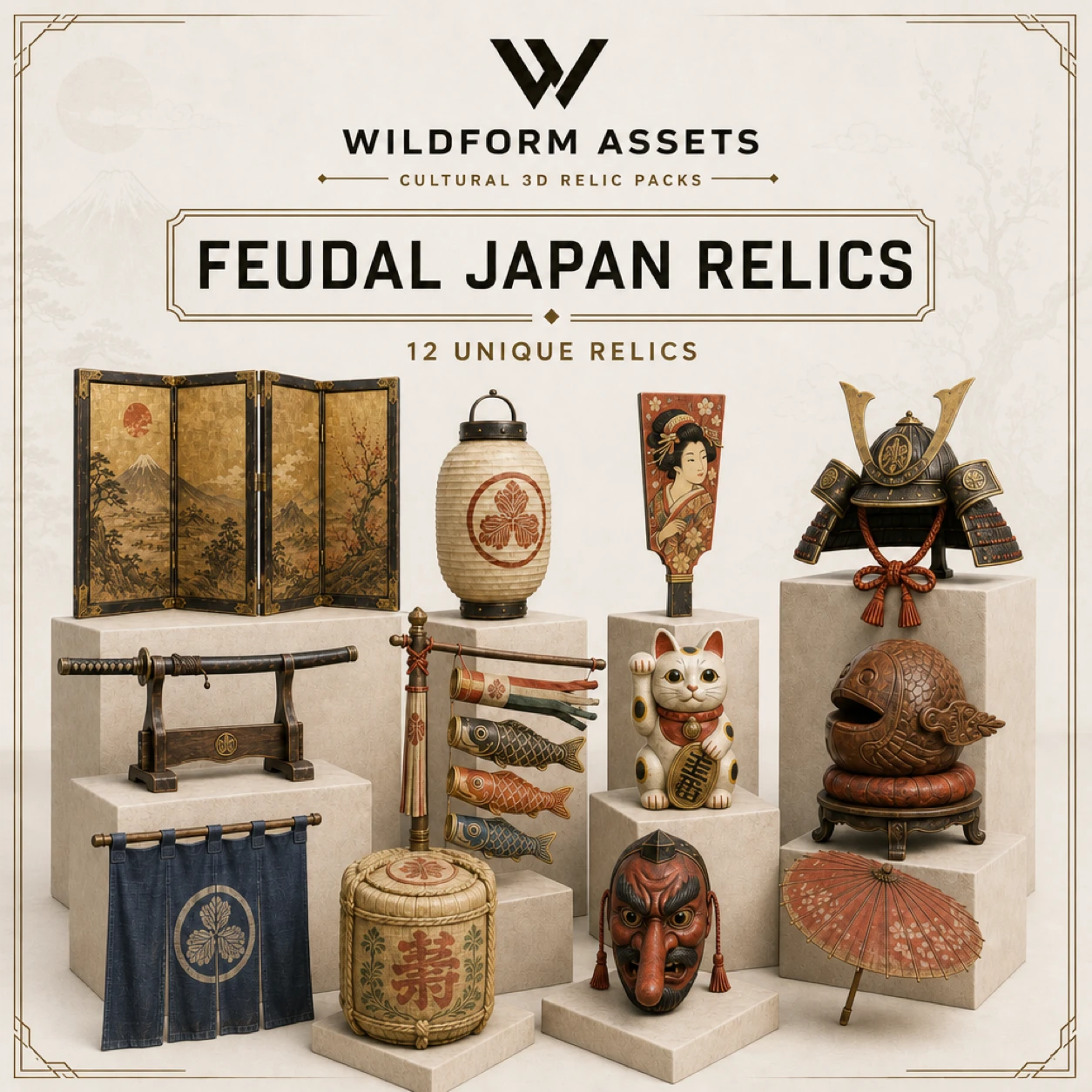 Wildform Assets Feudal Japan Relics preview with twelve feudal Japan props