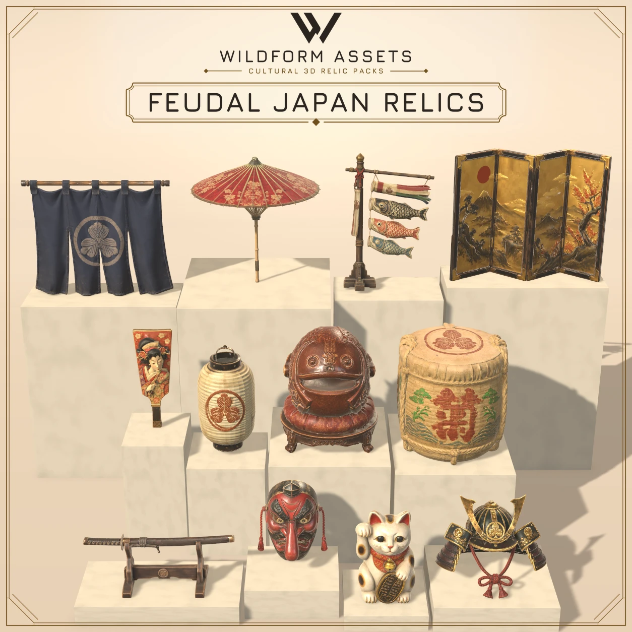 Wildform Assets Feudal Japan Relics preview with twelve feudal Japan props