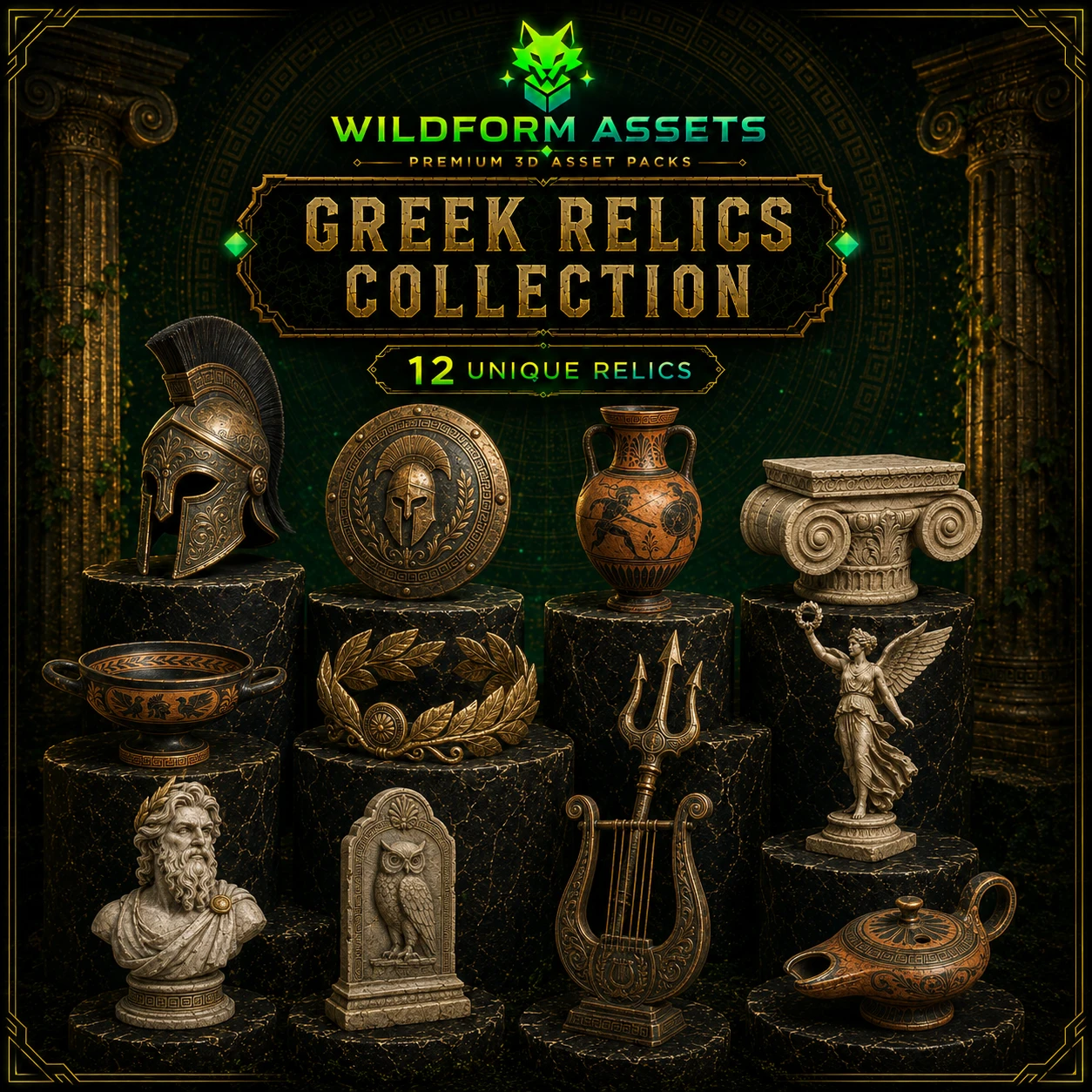 Wildform Assets Greek Temple Relics preview with twelve ancient Greek props