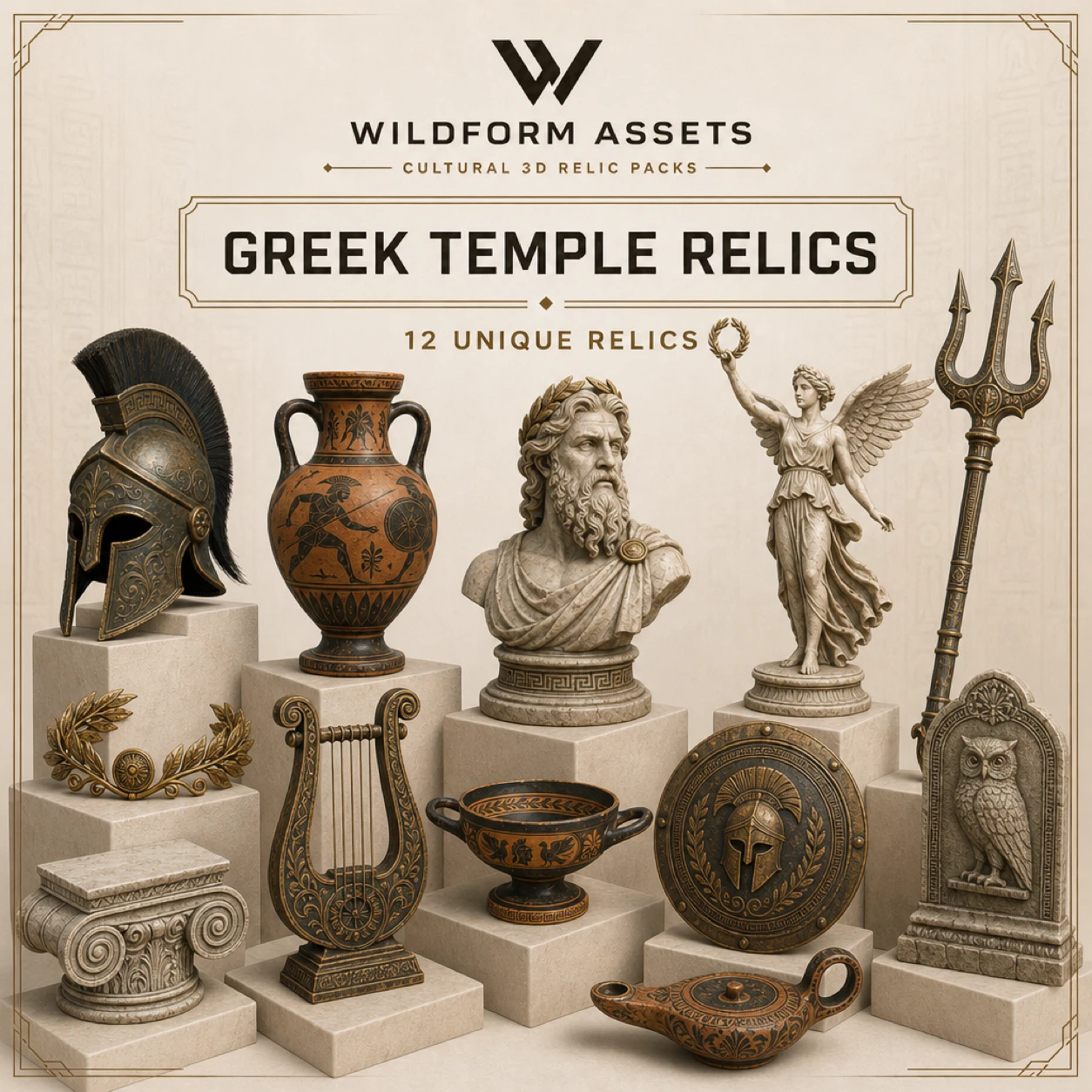 Wildform Assets Greek Temple Relics preview with twelve ancient Greek props