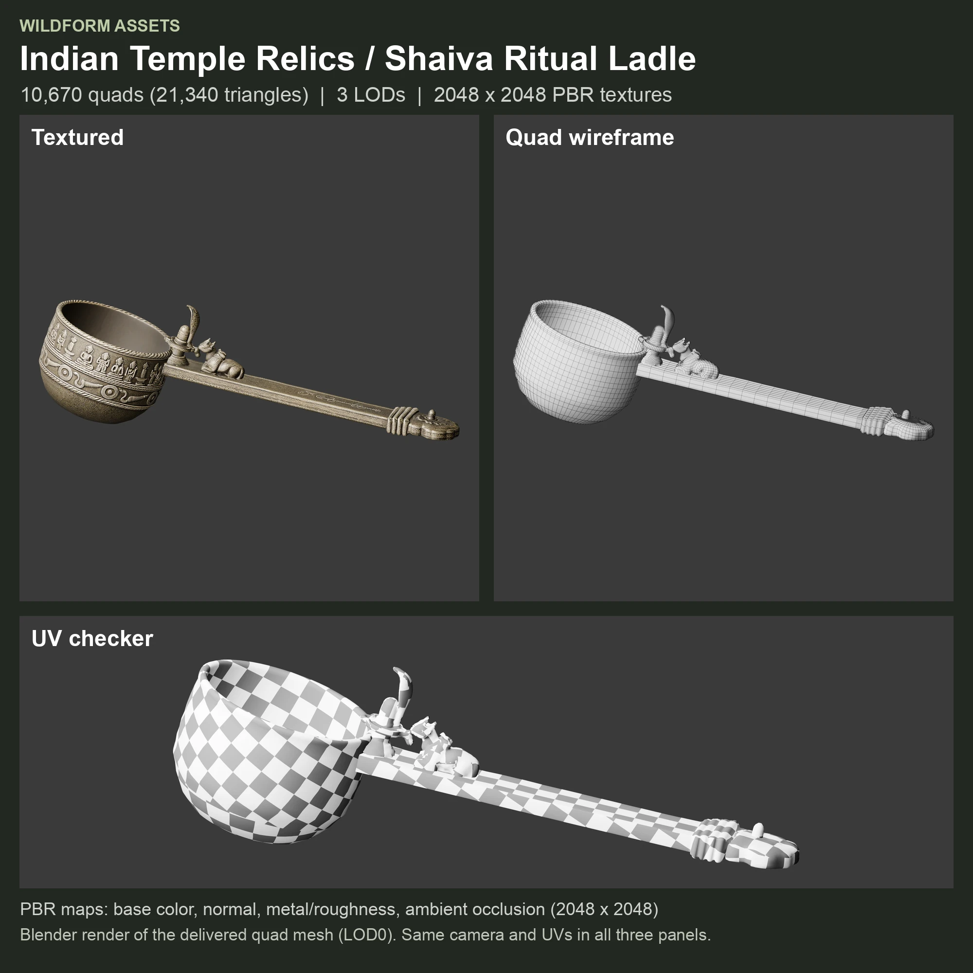 Shaiva Ritual Ladle: textured model, quad wireframe and UV checker