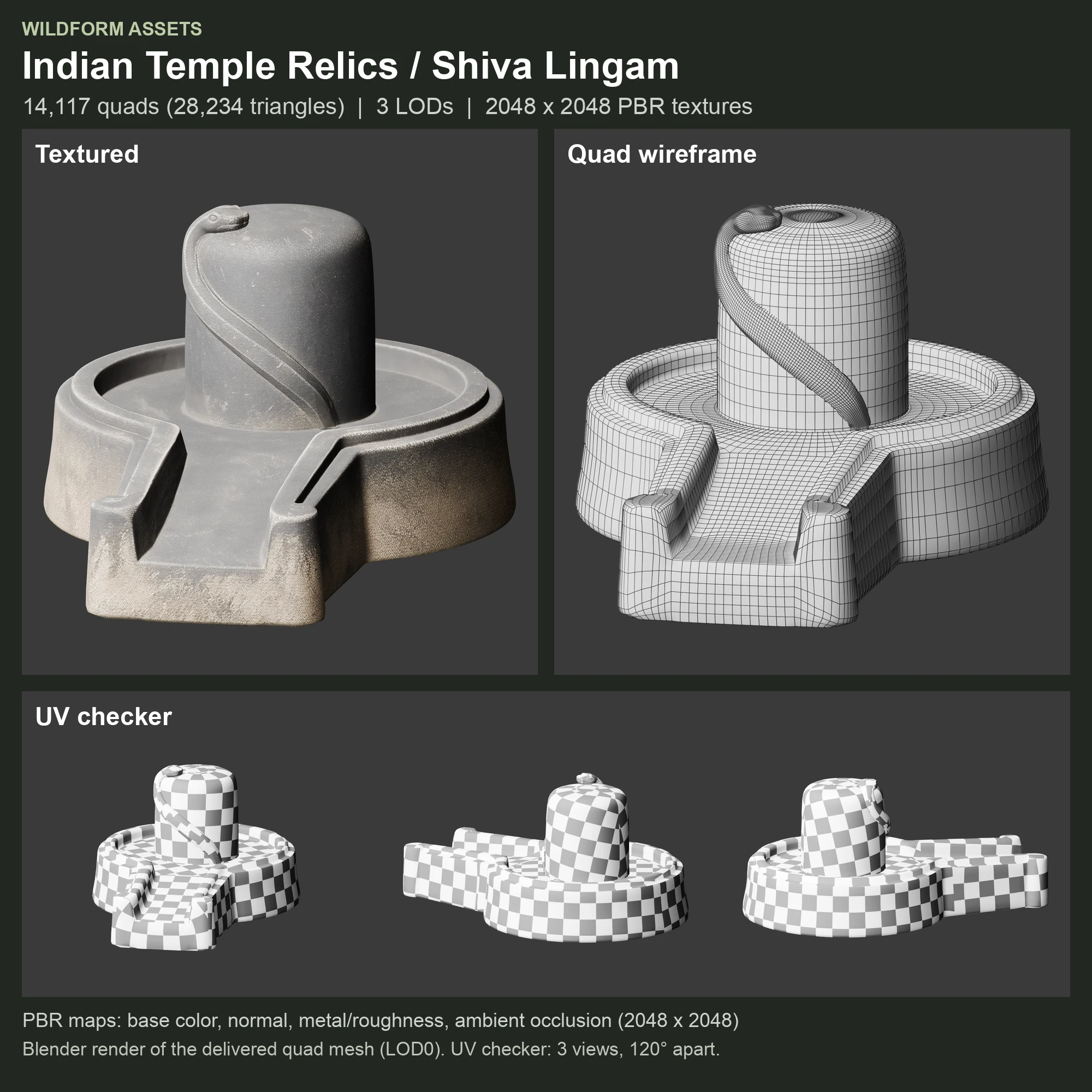 Shiva Lingam: textured model, quad wireframe and UV checker