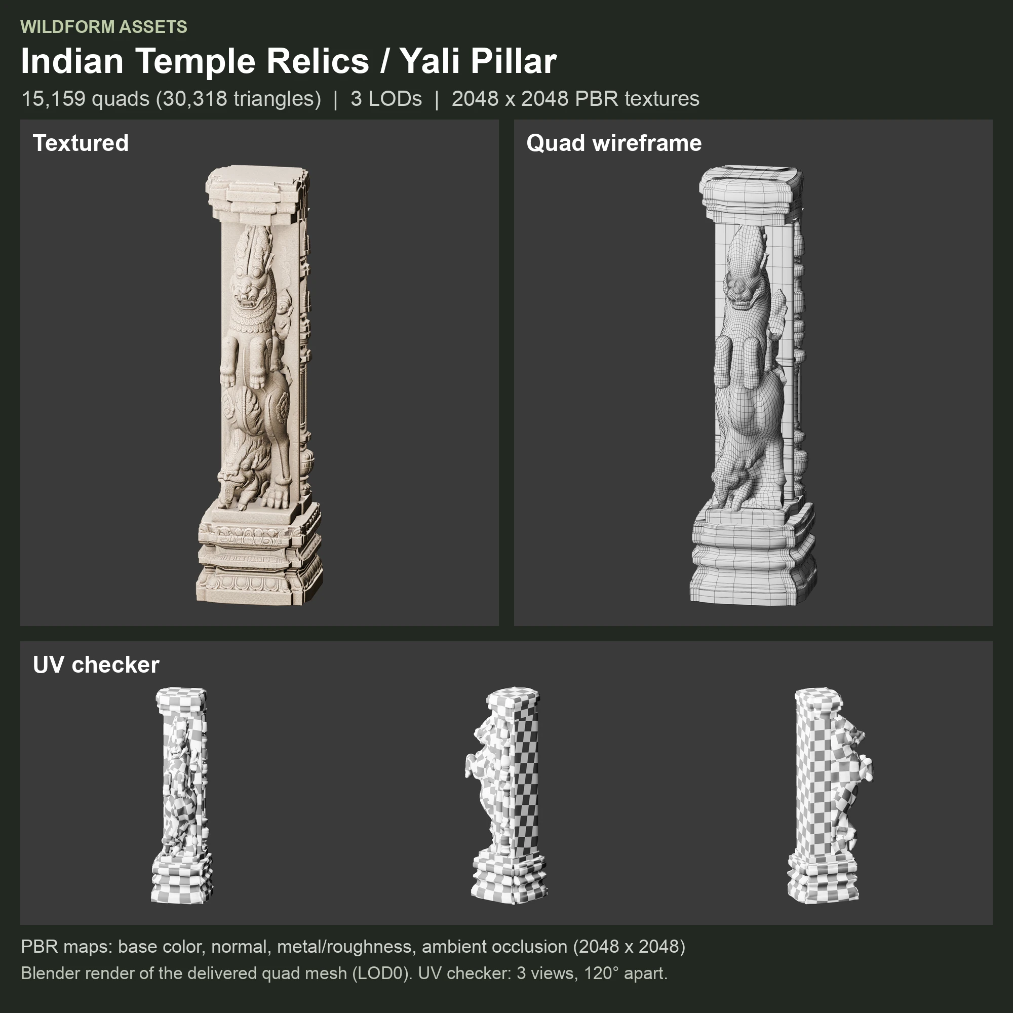 Yali Pillar: textured model, quad wireframe and UV checker