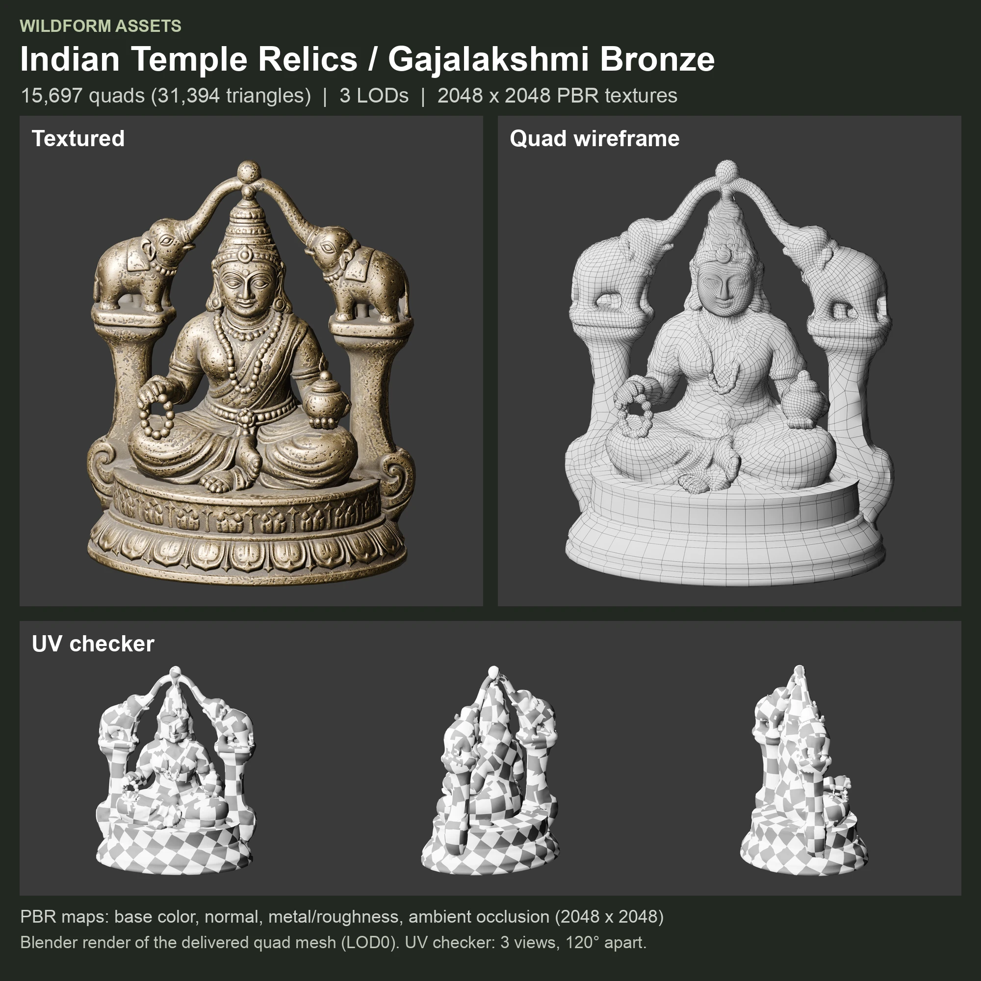Gajalakshmi Bronze: textured model, quad wireframe and UV checker