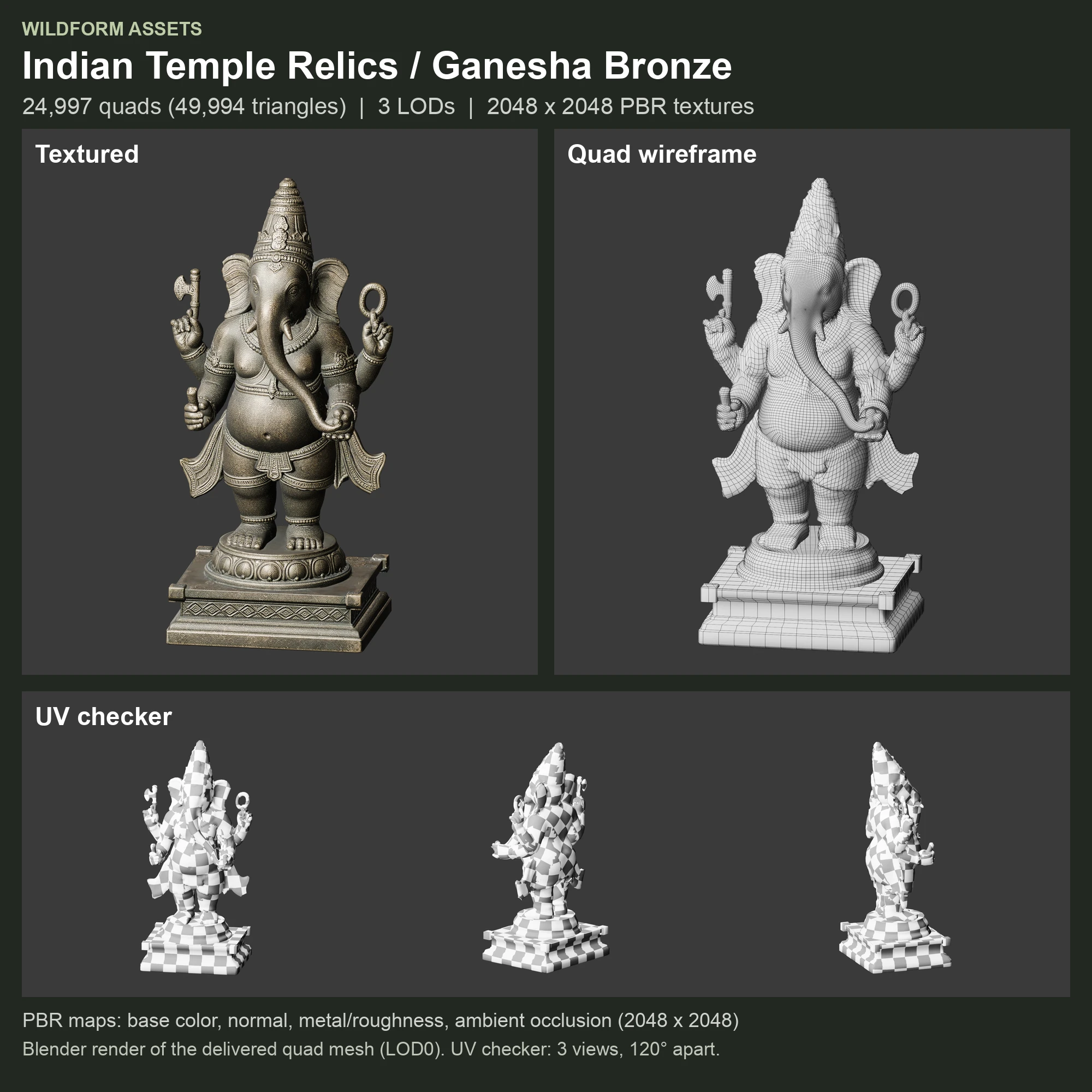Ganesha Bronze: textured model, quad wireframe and UV checker