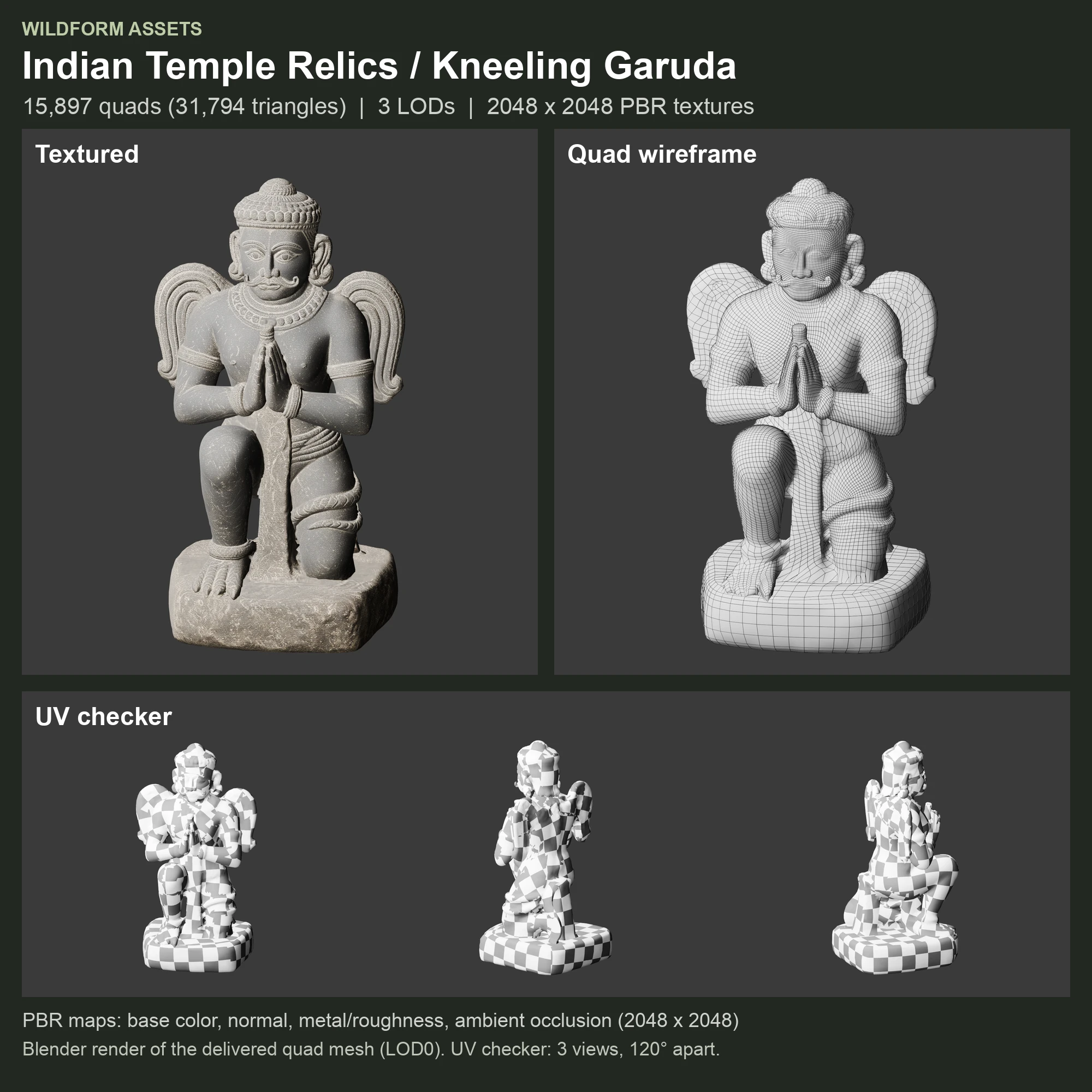 Kneeling Garuda: textured model, quad wireframe and UV checker