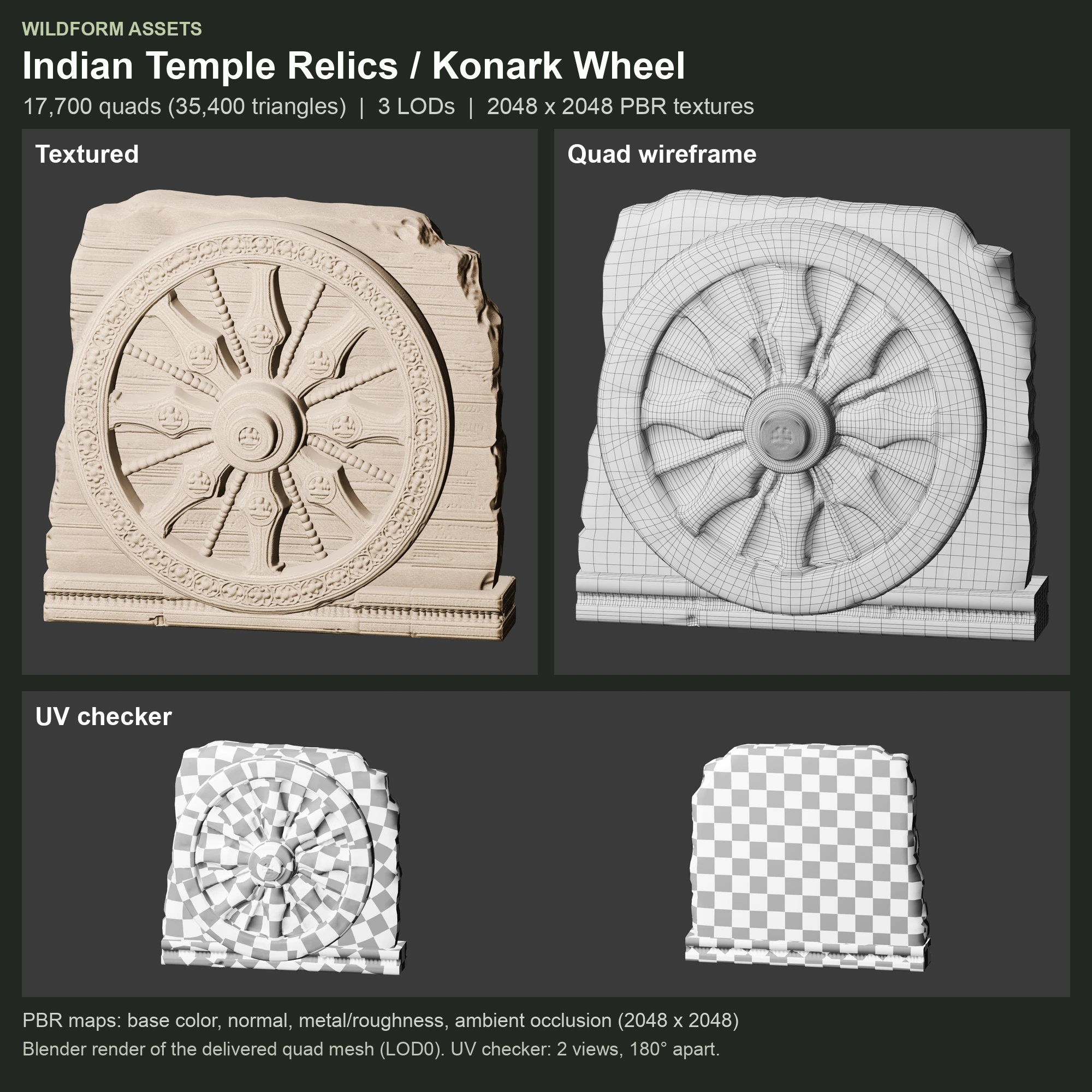 Konark Wheel: textured model, quad wireframe and UV checker