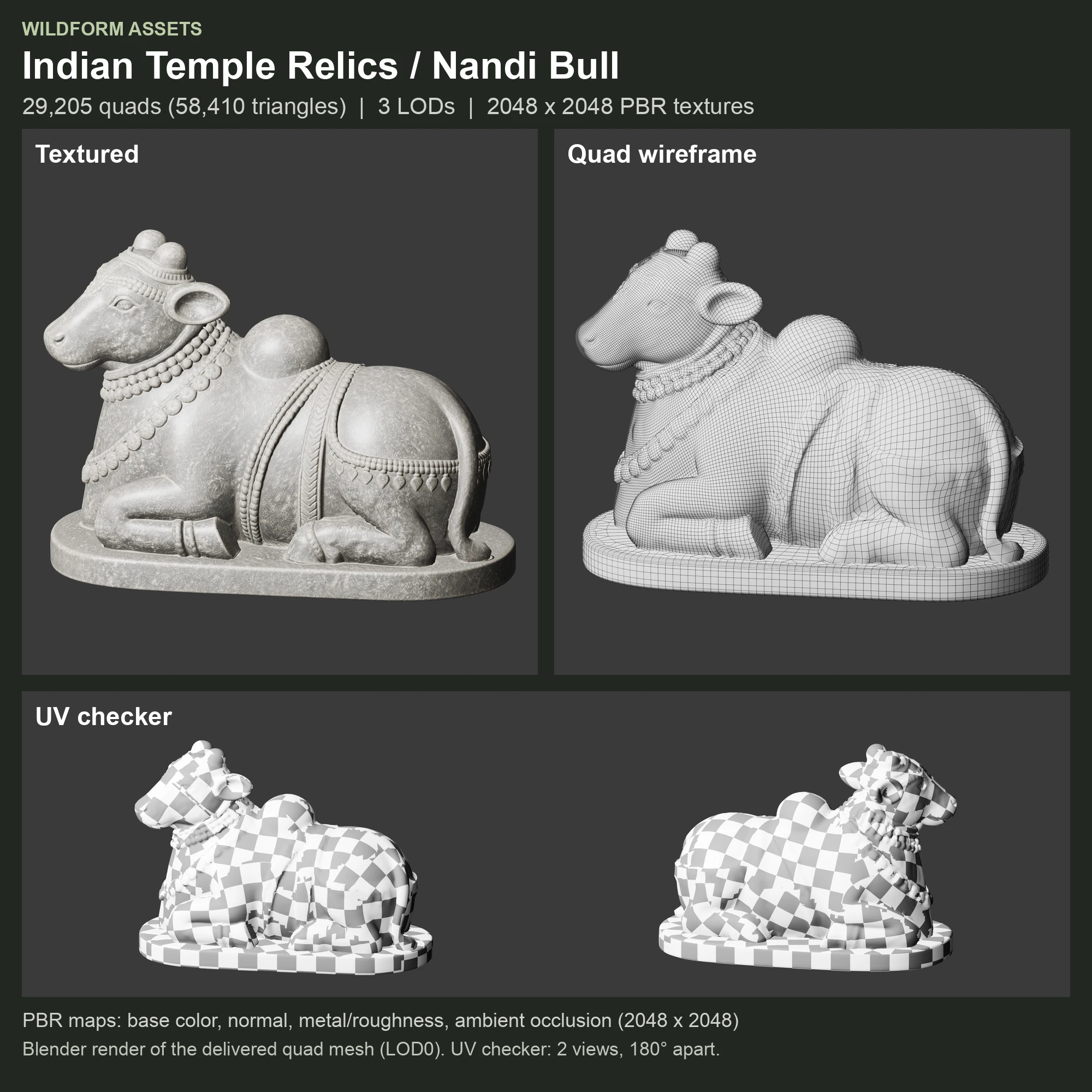 Nandi Bull: textured model, quad wireframe and UV checker