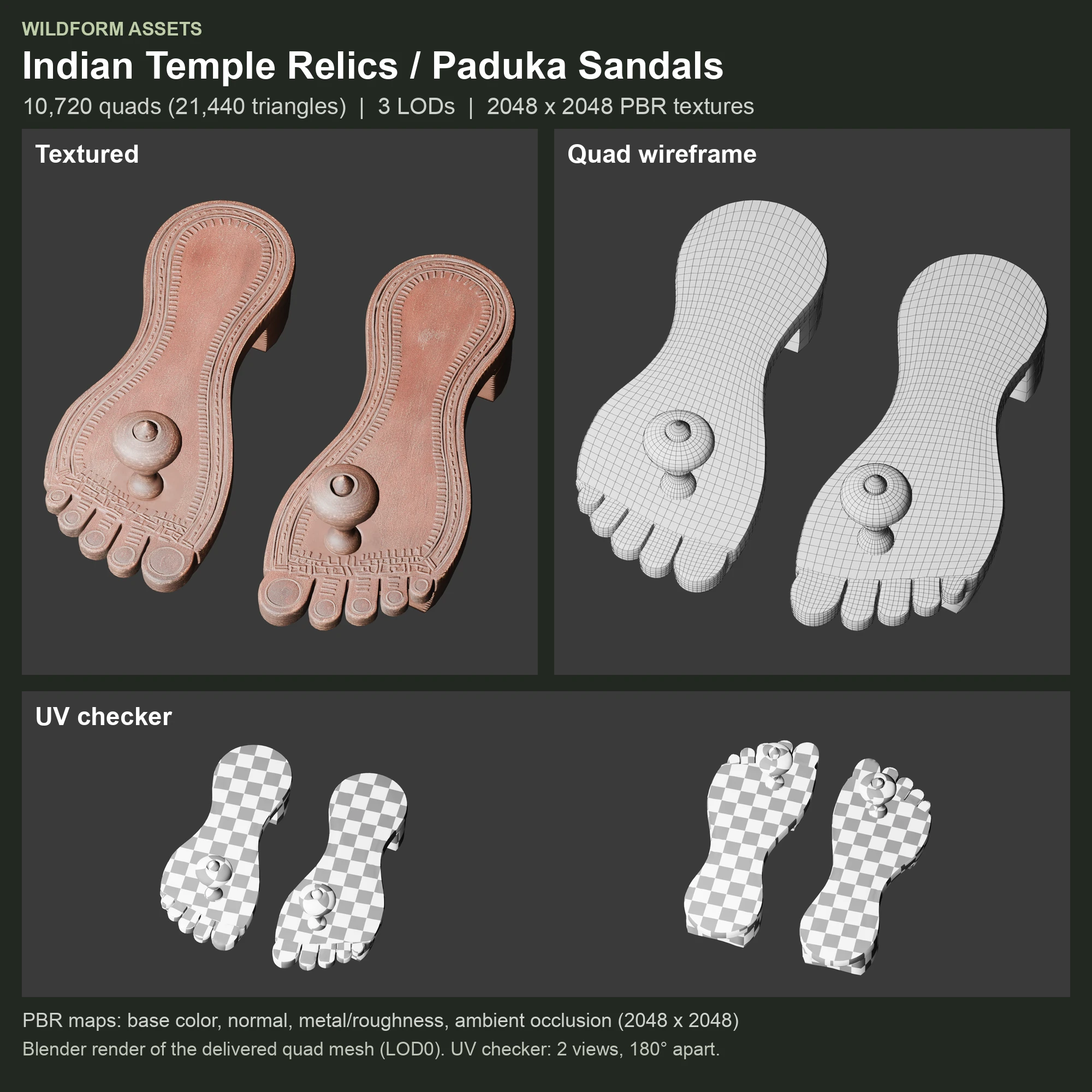 Paduka Sandals: textured model, quad wireframe and UV checker