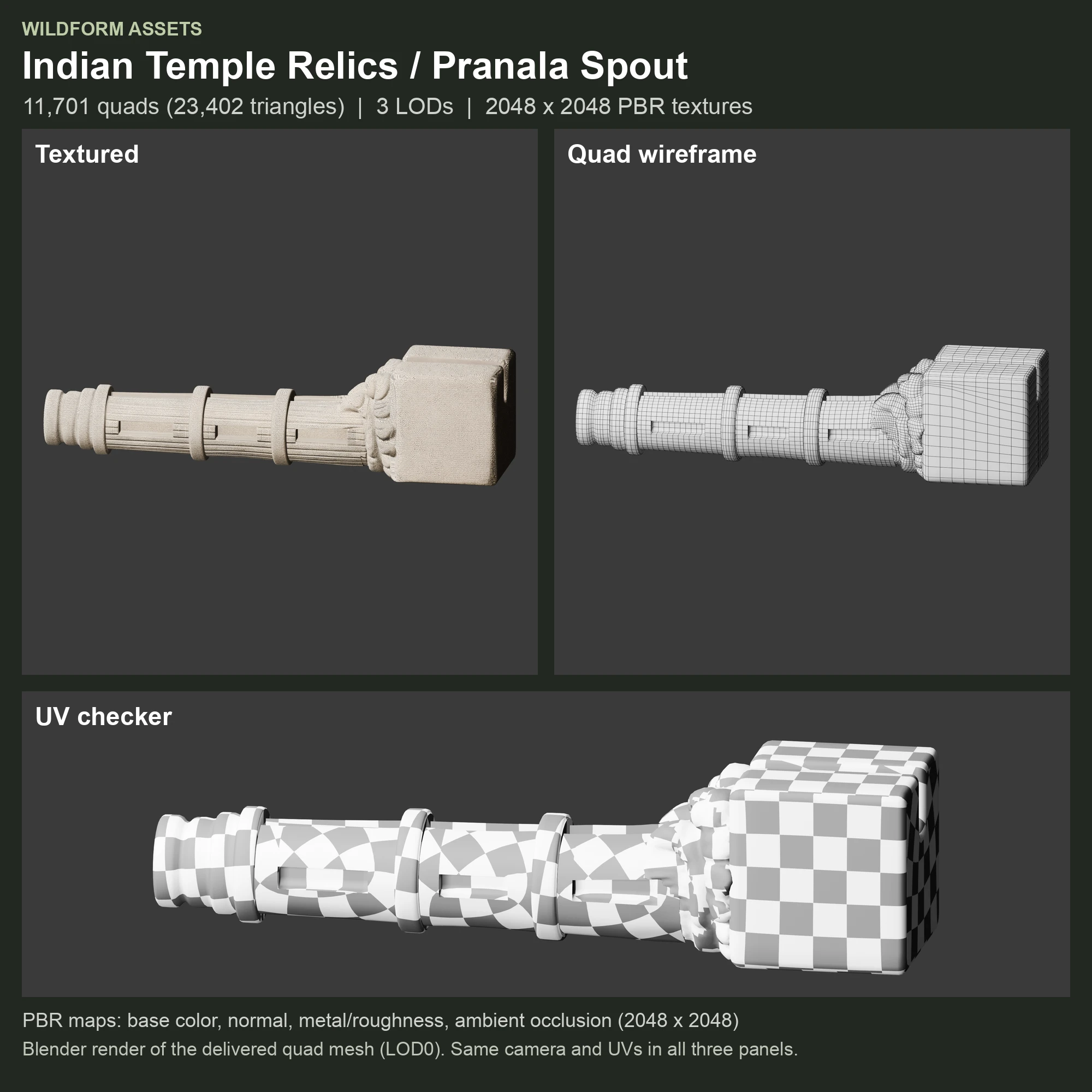 Pranala Spout: textured model, quad wireframe and UV checker