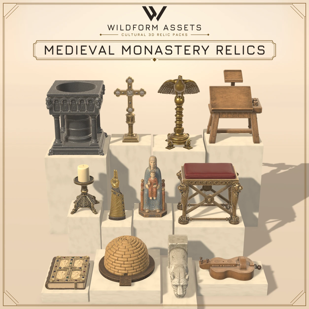 Medieval monastery objects in brass, gilt bronze, silver, stone, and wood.