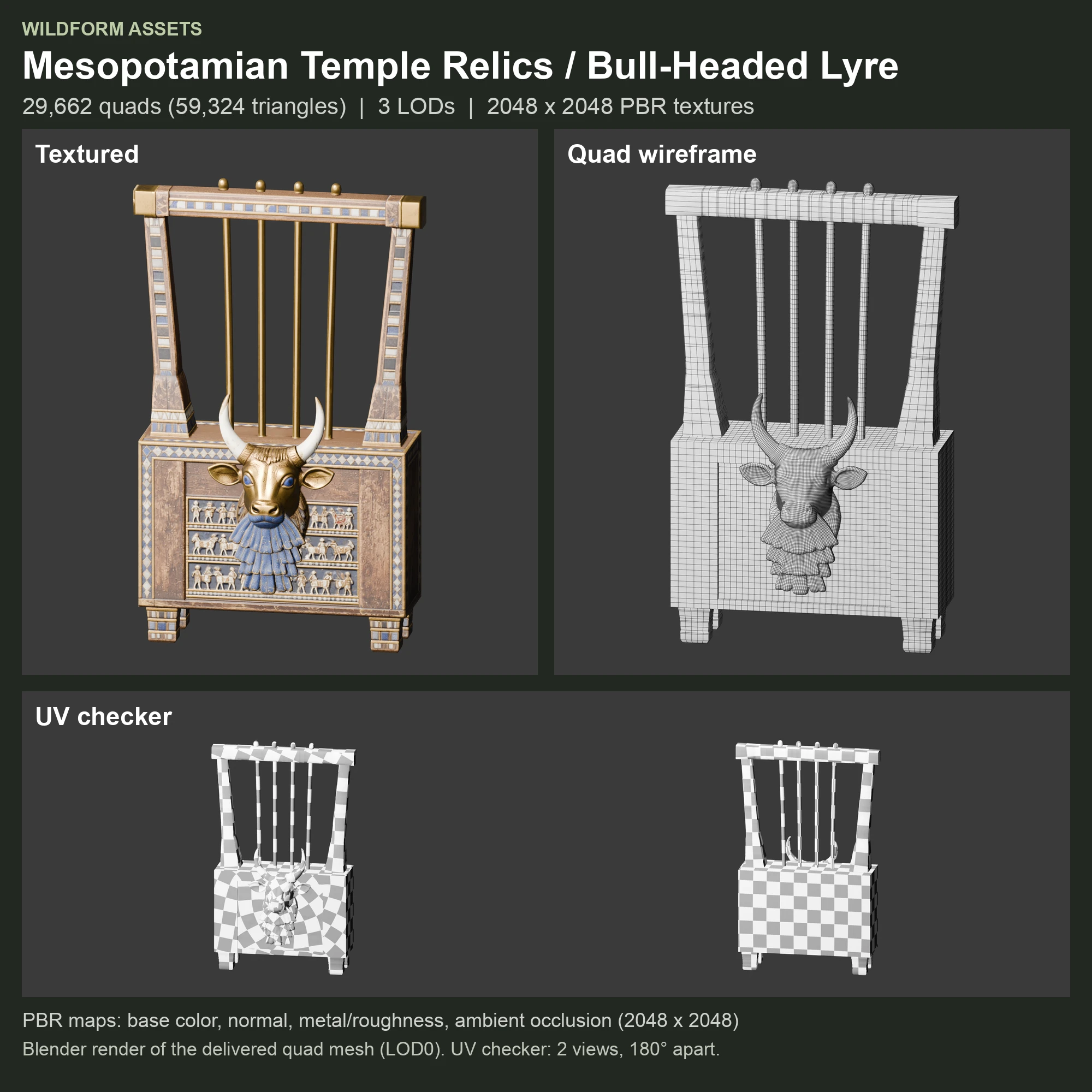 Bull-Headed Lyre: Model, wireframe and UVs