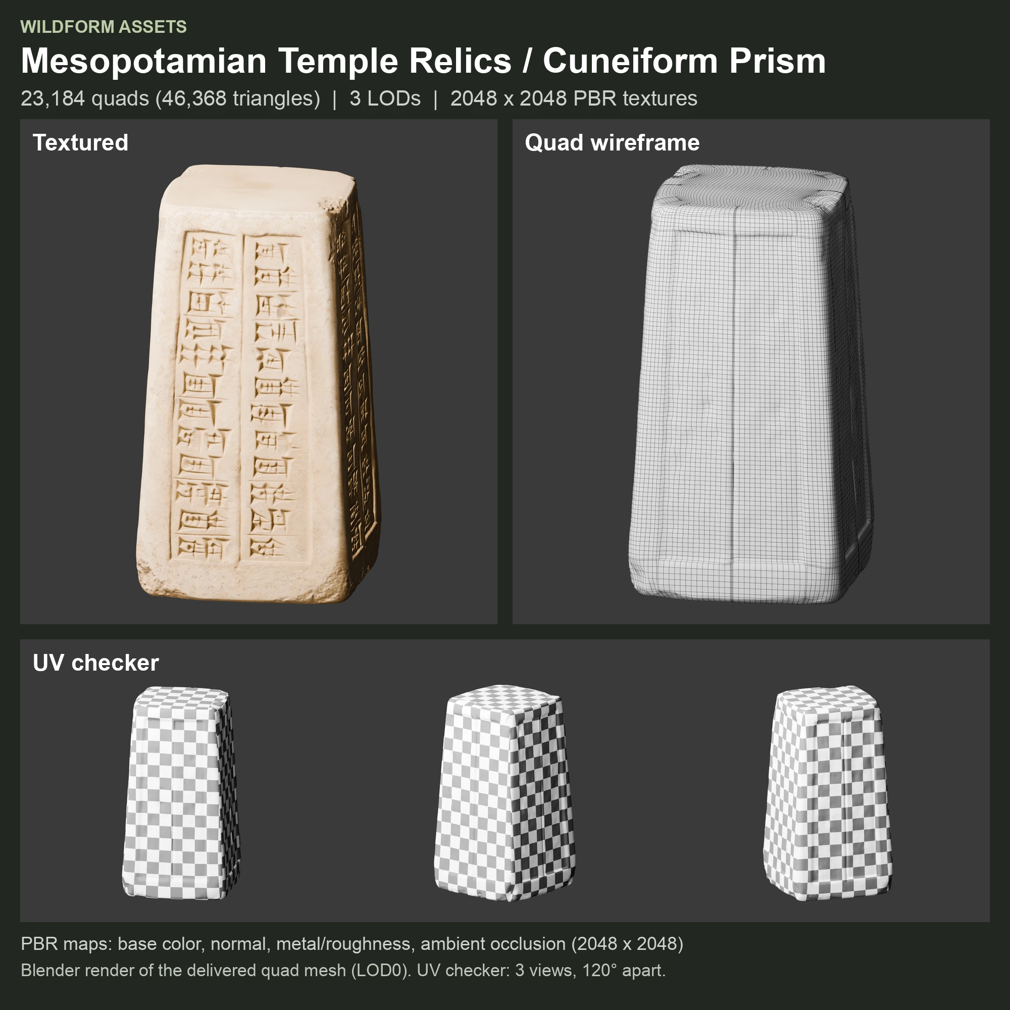 Cuneiform Prism: Model, wireframe and UVs