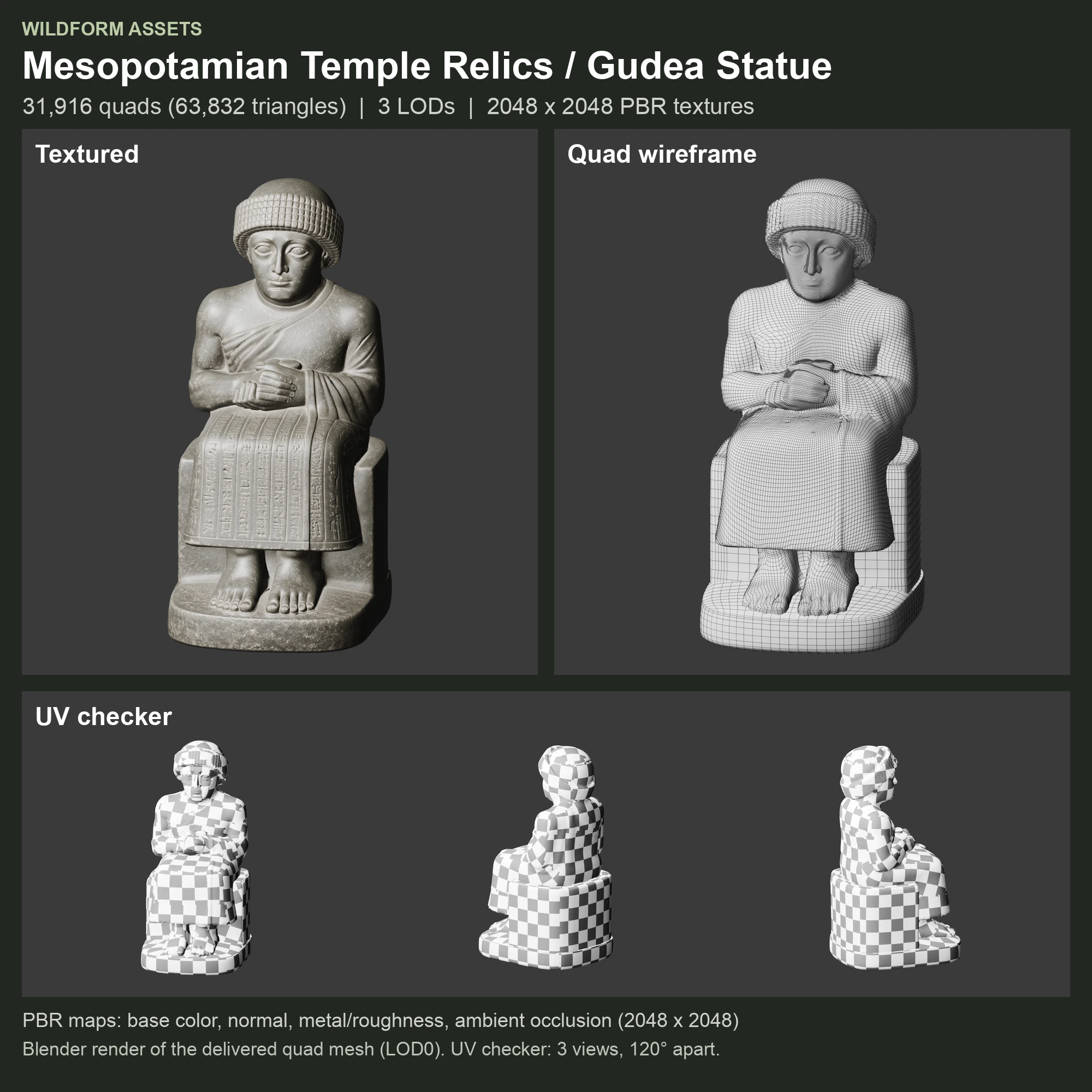 Gudea Statue: Model, wireframe and UVs