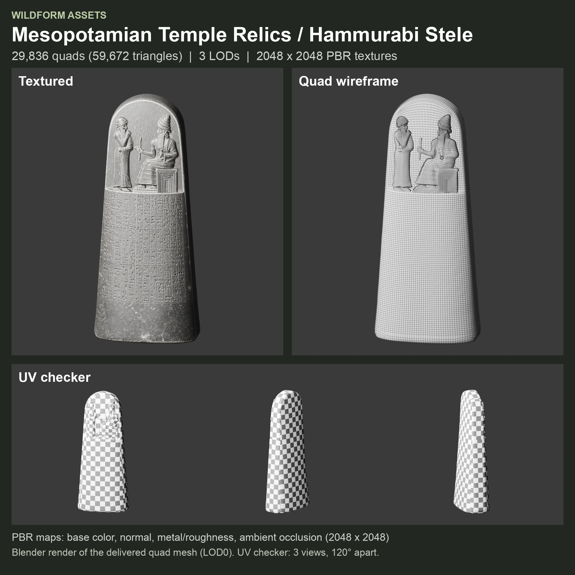 Hammurabi Stele: Model, wireframe and UVs