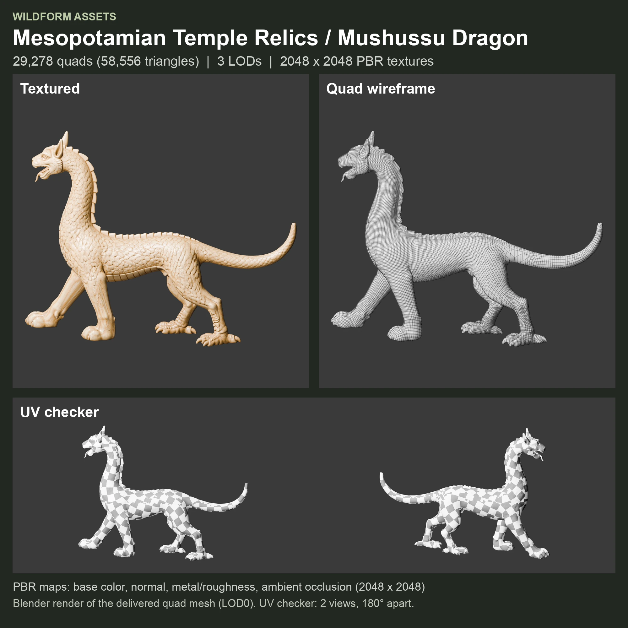 Mushussu Dragon: Model, wireframe and UVs