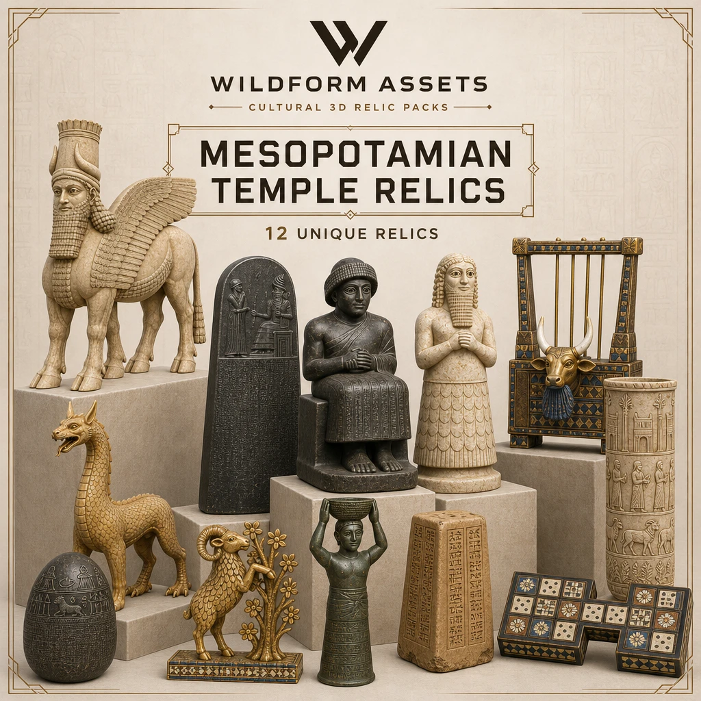 Wildform Assets Mesopotamian Temple Relics preview with twelve Sumerian, Babylonian, and Assyrian temple props