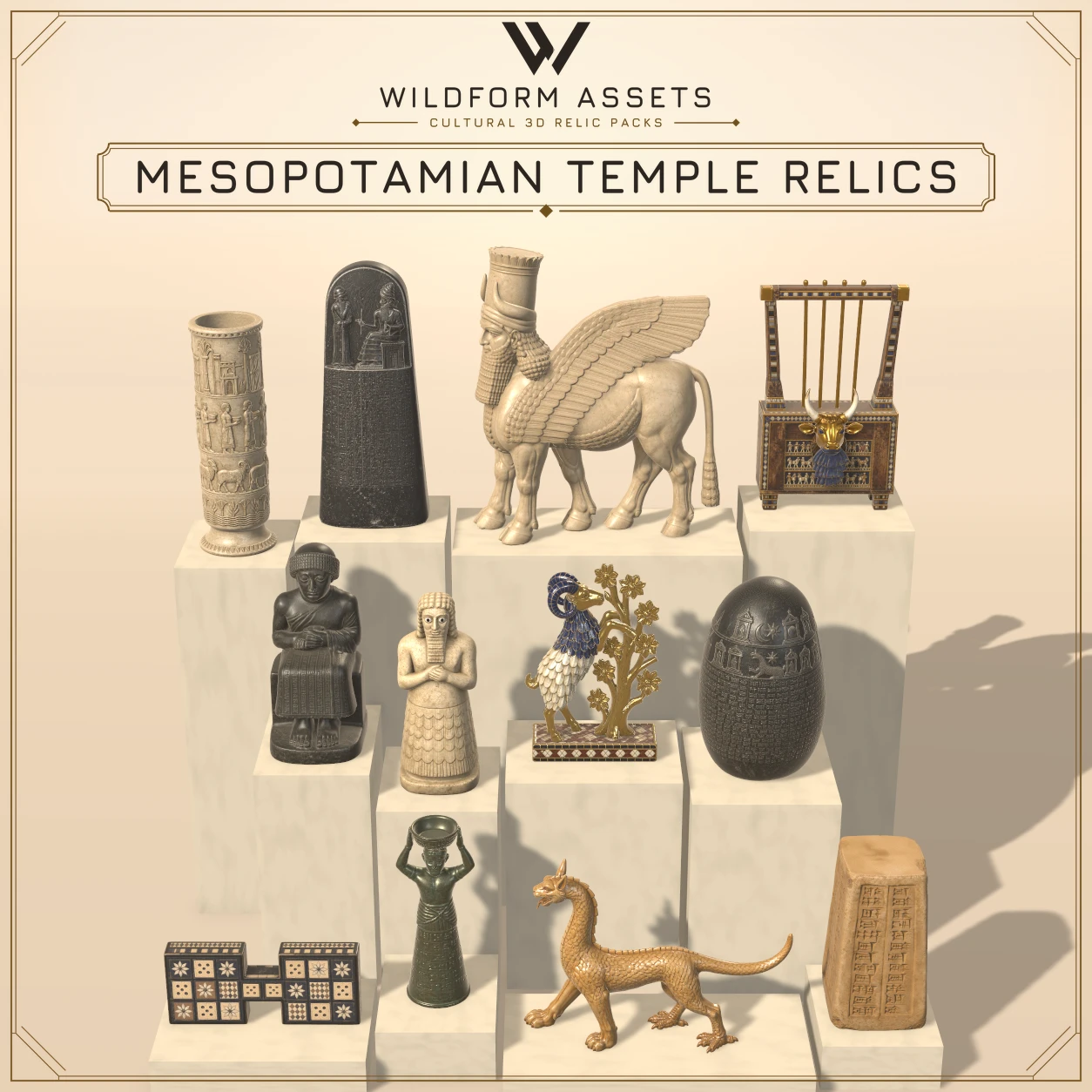 Wildform Assets Mesopotamian Temple Relics preview with twelve Sumerian, Babylonian, and Assyrian temple props