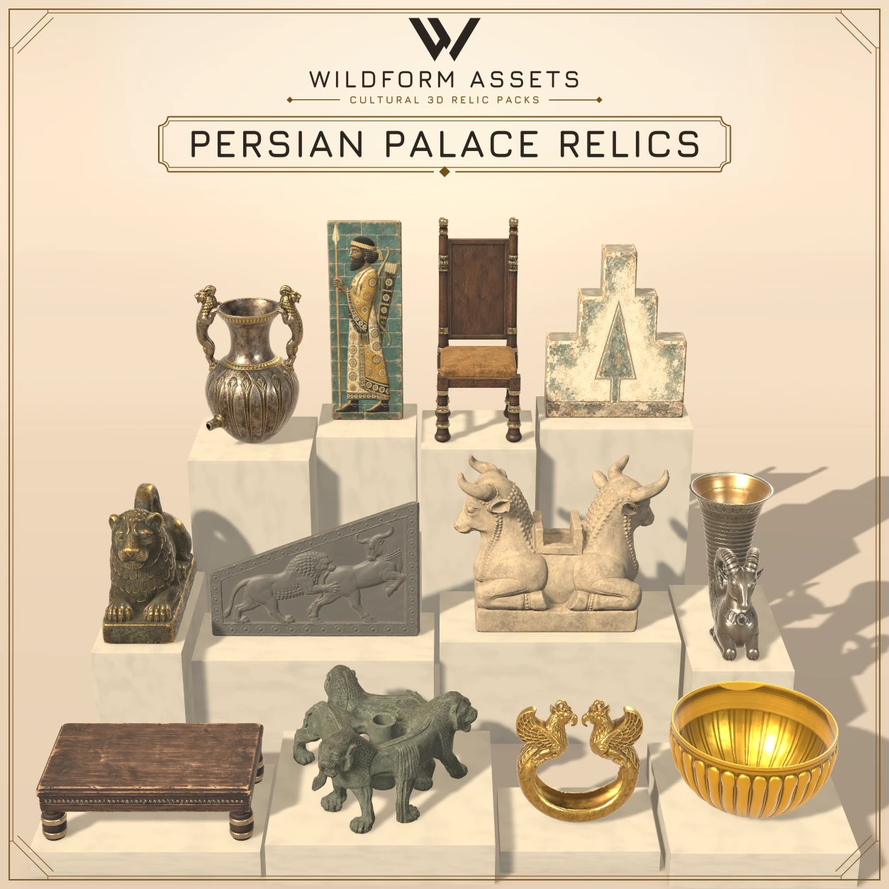 Persian palace relics with carved stone, glazed brick, and metalwork.