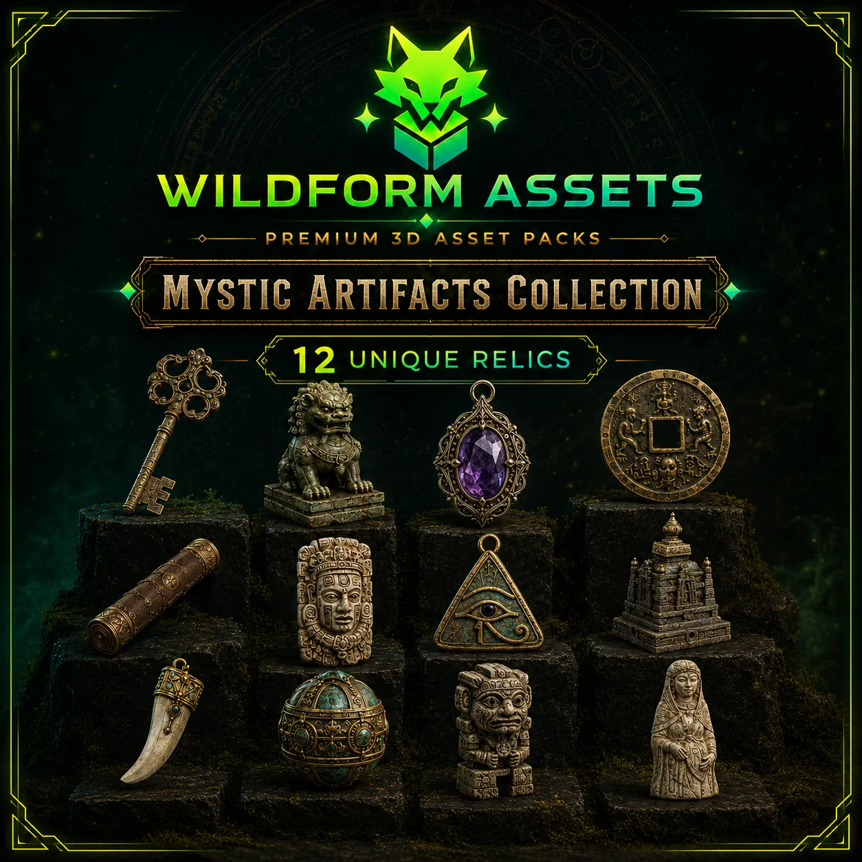 Aperçu de la collection Mystic Artifacts de Wildform Assets avec douze reliques fantasy lumineuses