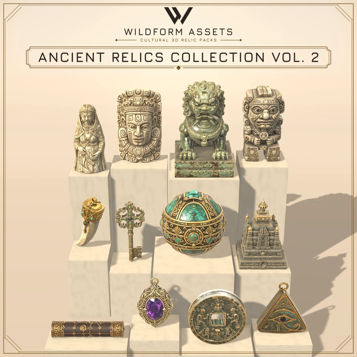 Wildform Assets Mystic Artifacts Collection preview with twelve glowing fantasy relics